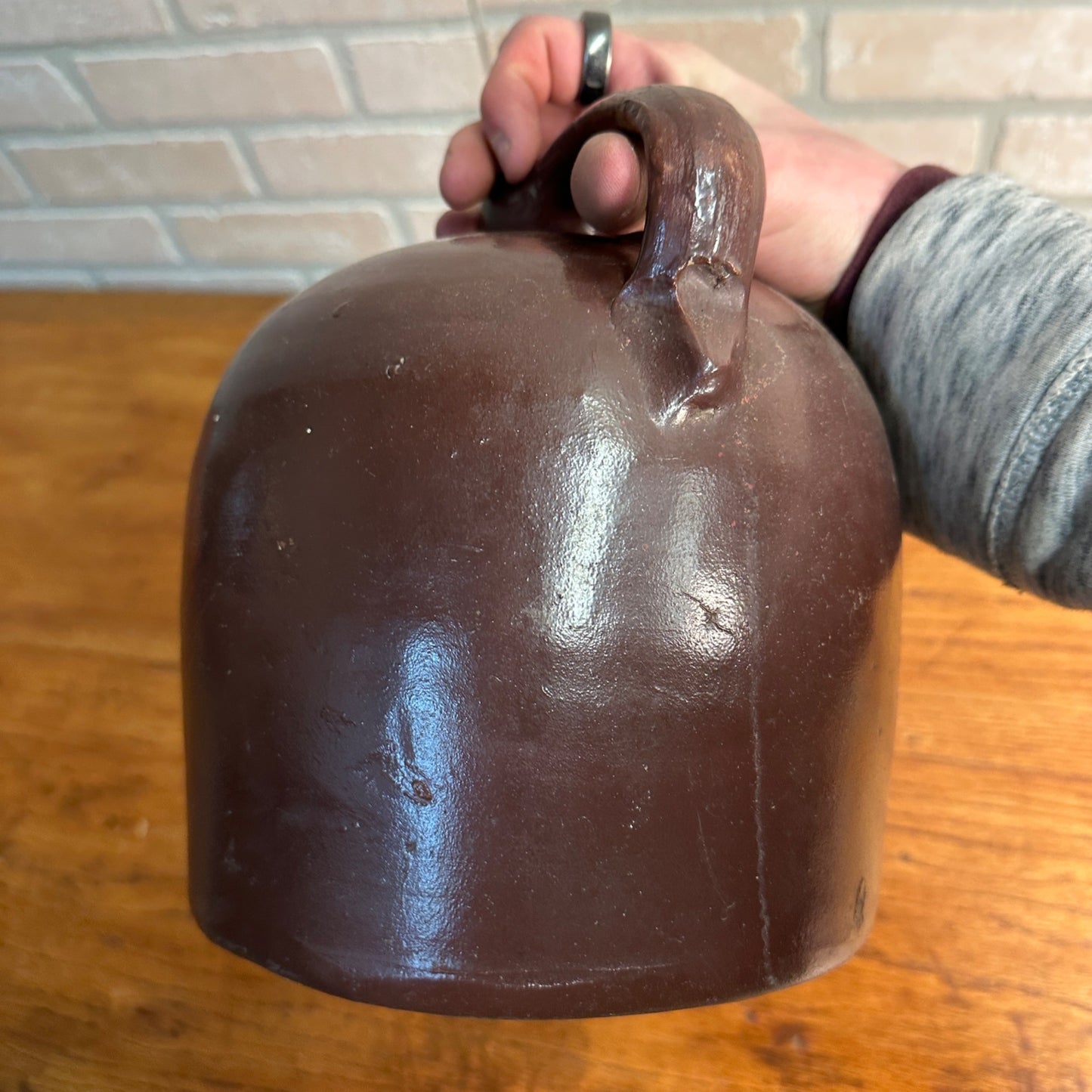 Antique Brown Glazed Smooth Shoulder Whiskey Moonshine Jug Crock Stoneware