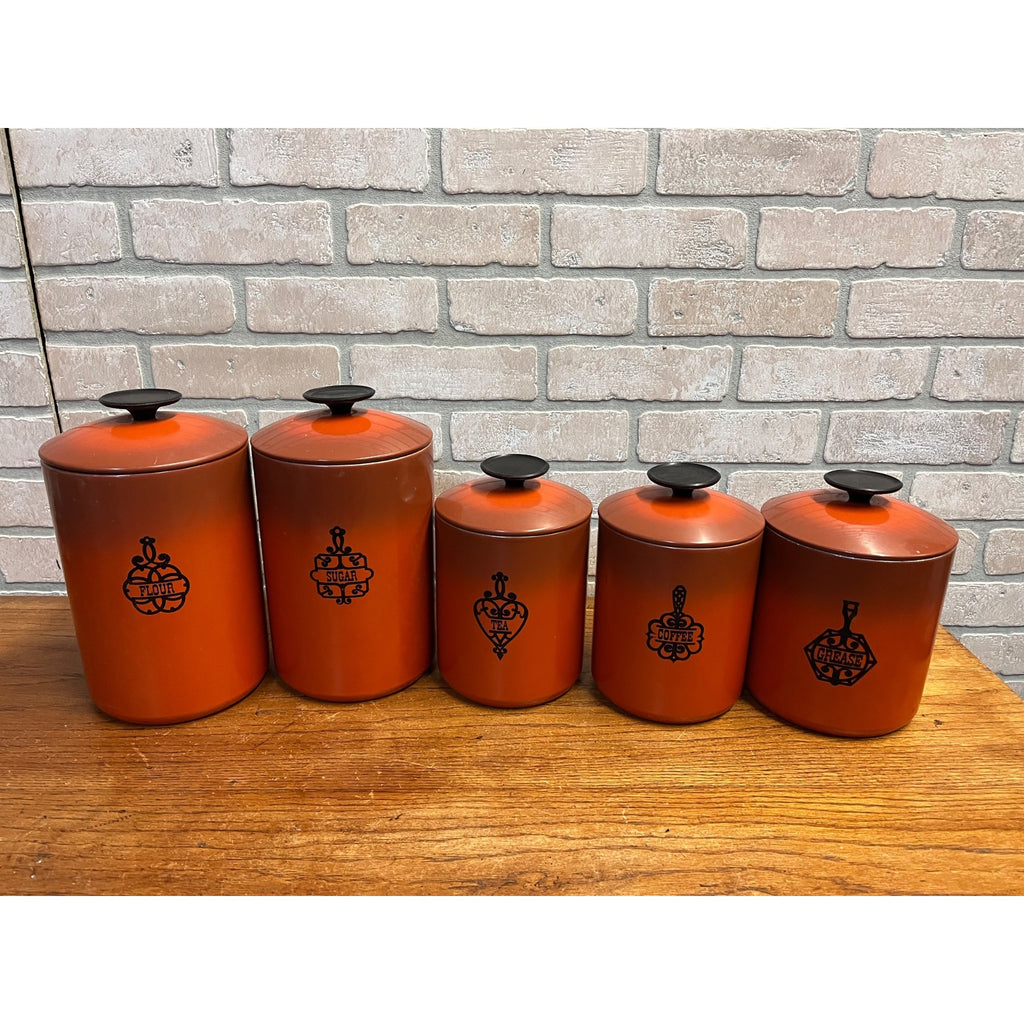 Vintage 1960s MCM West Bend Orange Black Kitchen Canister Set 5pc Nesting Retro
