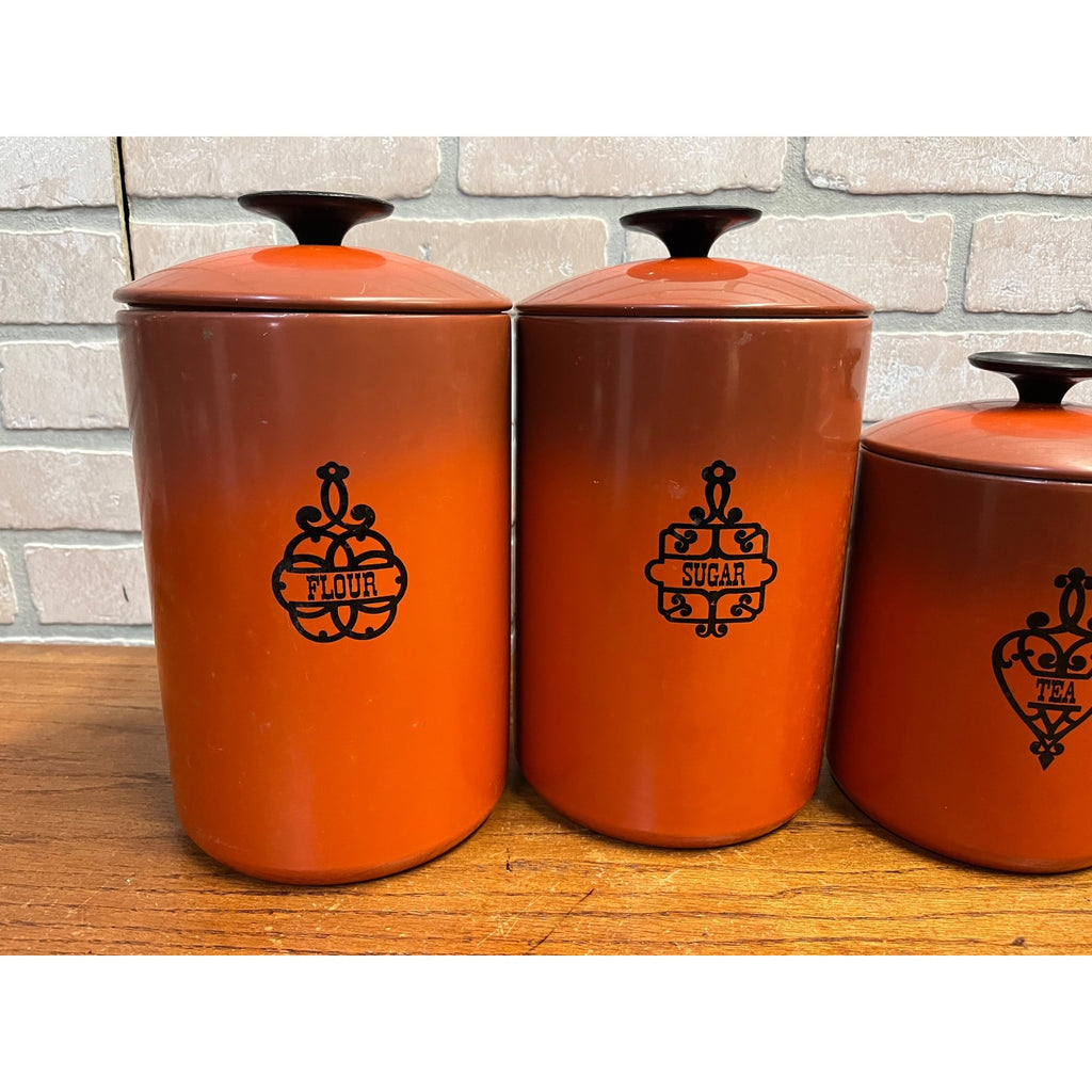 Vintage 1960s MCM West Bend Orange Black Kitchen Canister Set 5pc Nesting Retro