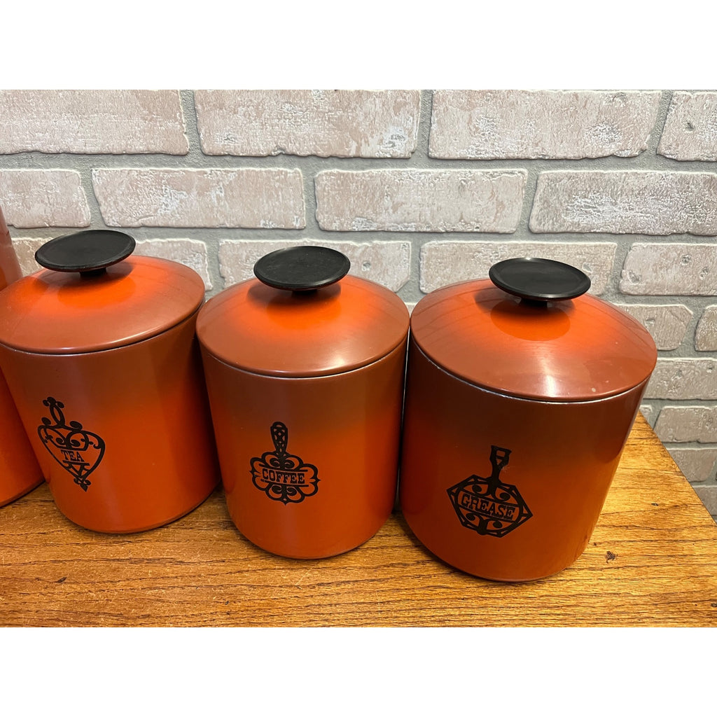 Vintage 1960s MCM West Bend Orange Black Kitchen Canister Set 5pc Nesting Retro
