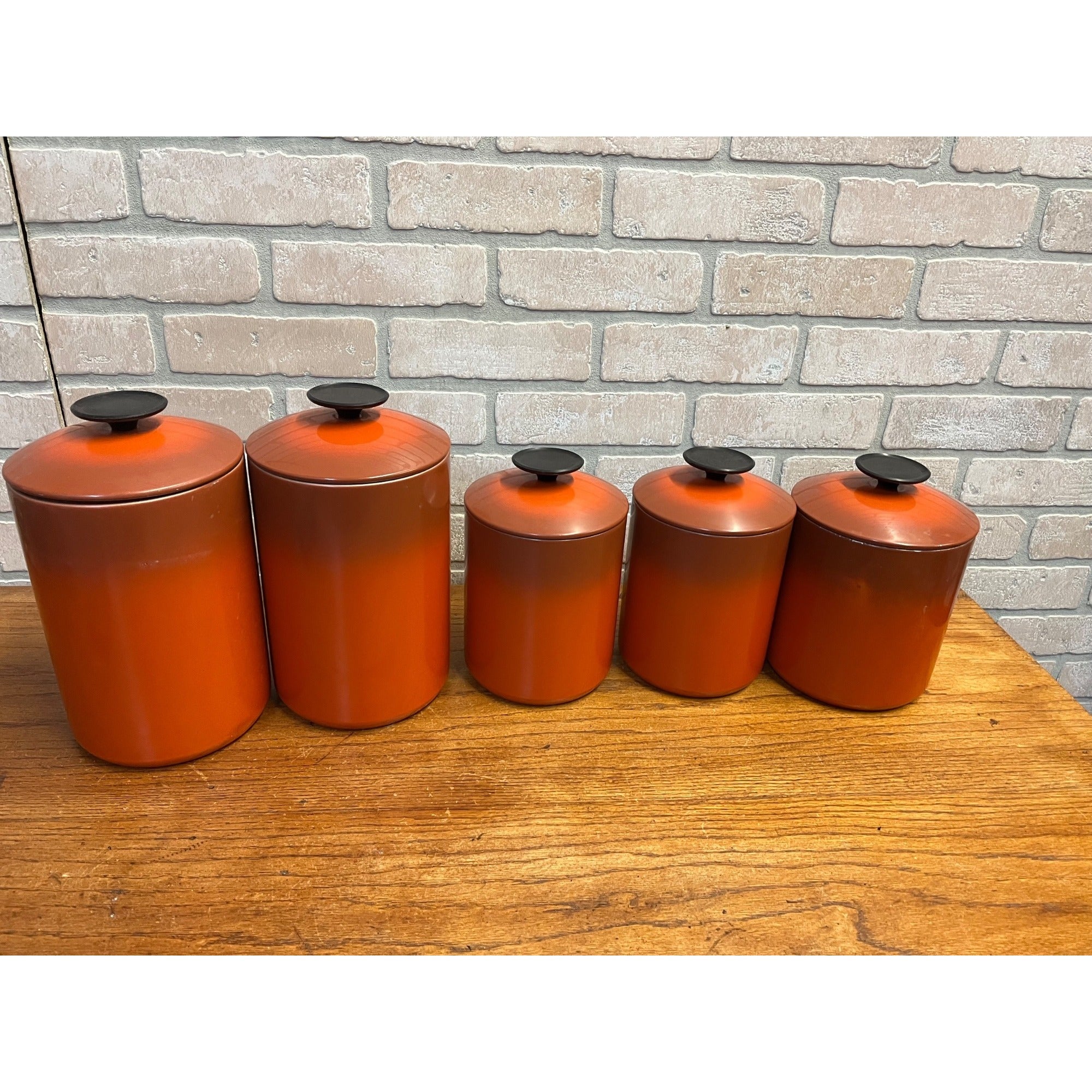 Vintage 1960s MCM West Bend Orange Black Kitchen Canister Set 5pc Nesting Retro