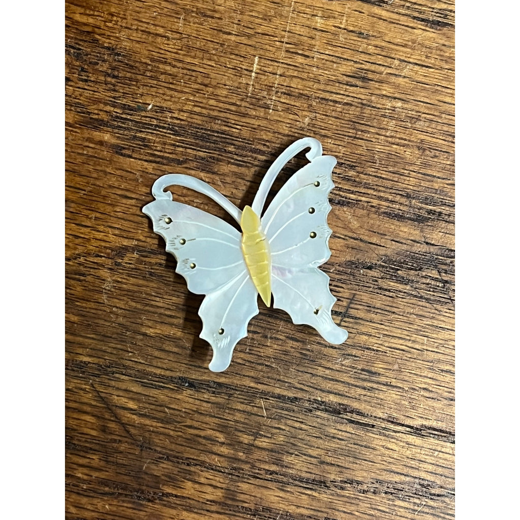 Vintage Estate Mother Of Pearl Hand Carved Butterfly Moth MOP Insect Pin Brooch