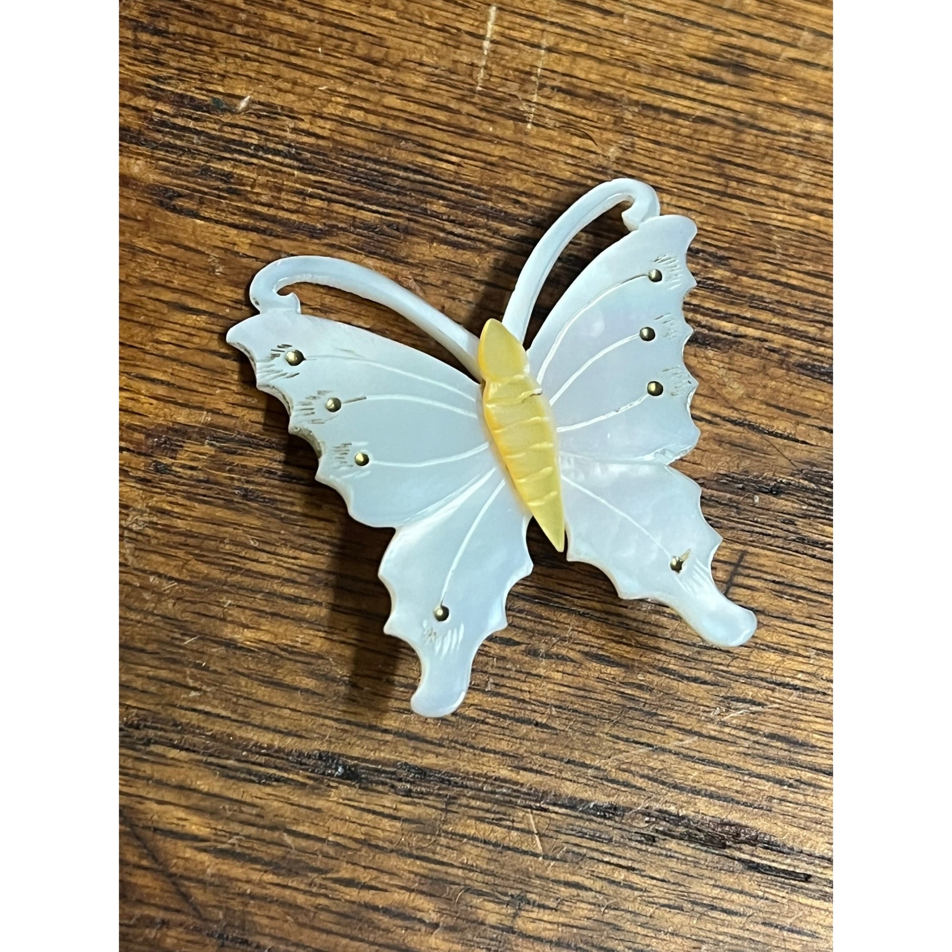 Vintage Estate Mother Of Pearl Hand Carved Butterfly Moth MOP Insect Pin Brooch