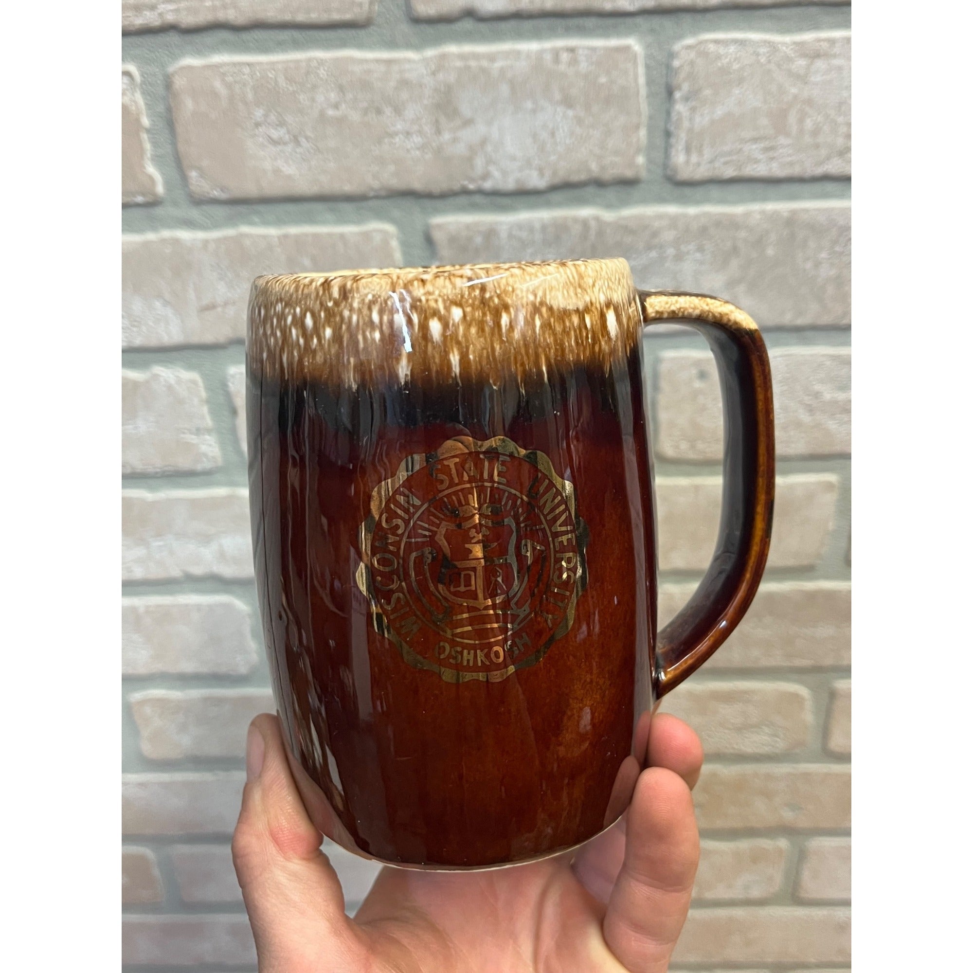Vintage Large Brown Drip Glaze 1960's Wisconsin State University Oshkosh Ceramic Stein Or Tankard Mug WSU