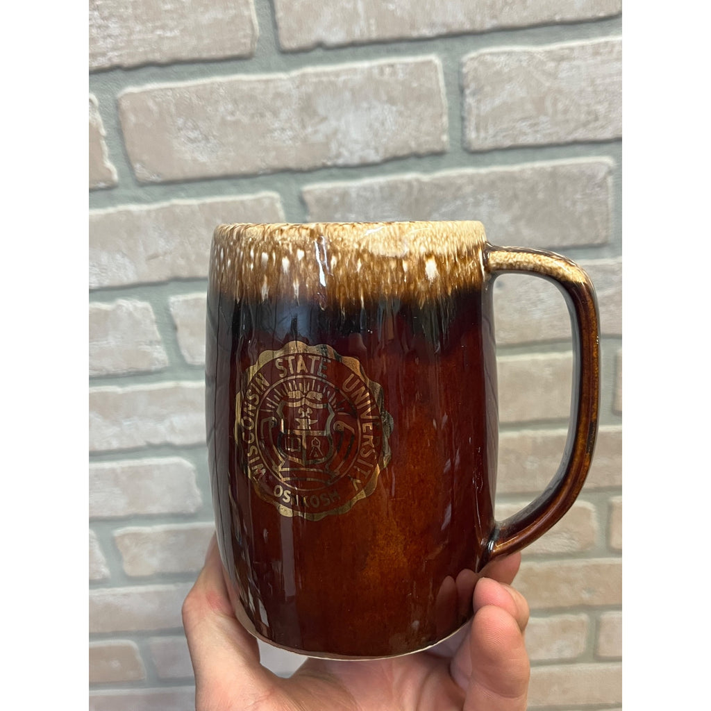Vintage Large Brown Drip Glaze 1960's Wisconsin State University Oshkosh Ceramic Stein Or Tankard Mug WSU