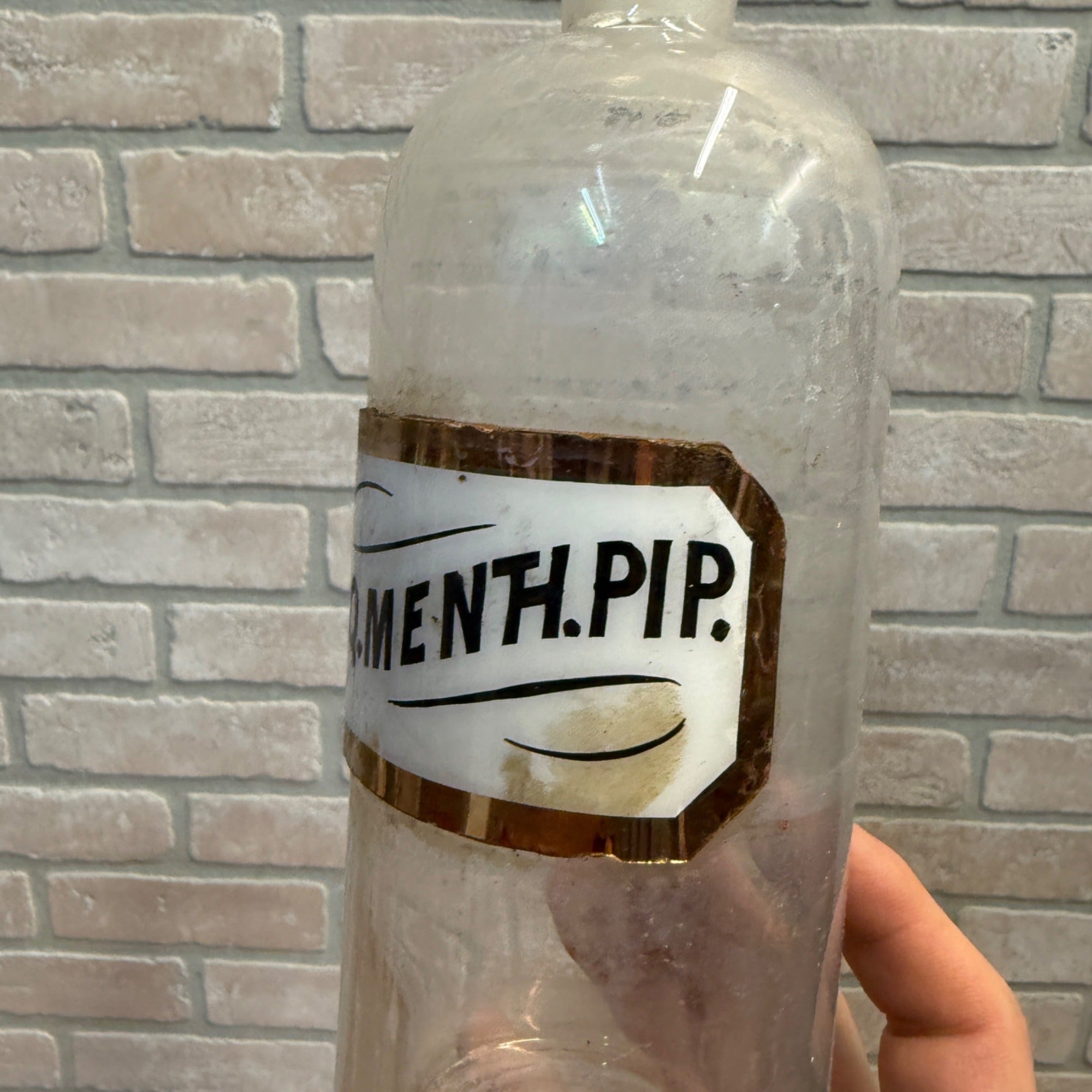 Vintage Glass Pharmacy Apothecary Bottle With Stopper and Glass Label Reading AQ. Menth. Pip. (Tincture of Peppermint)