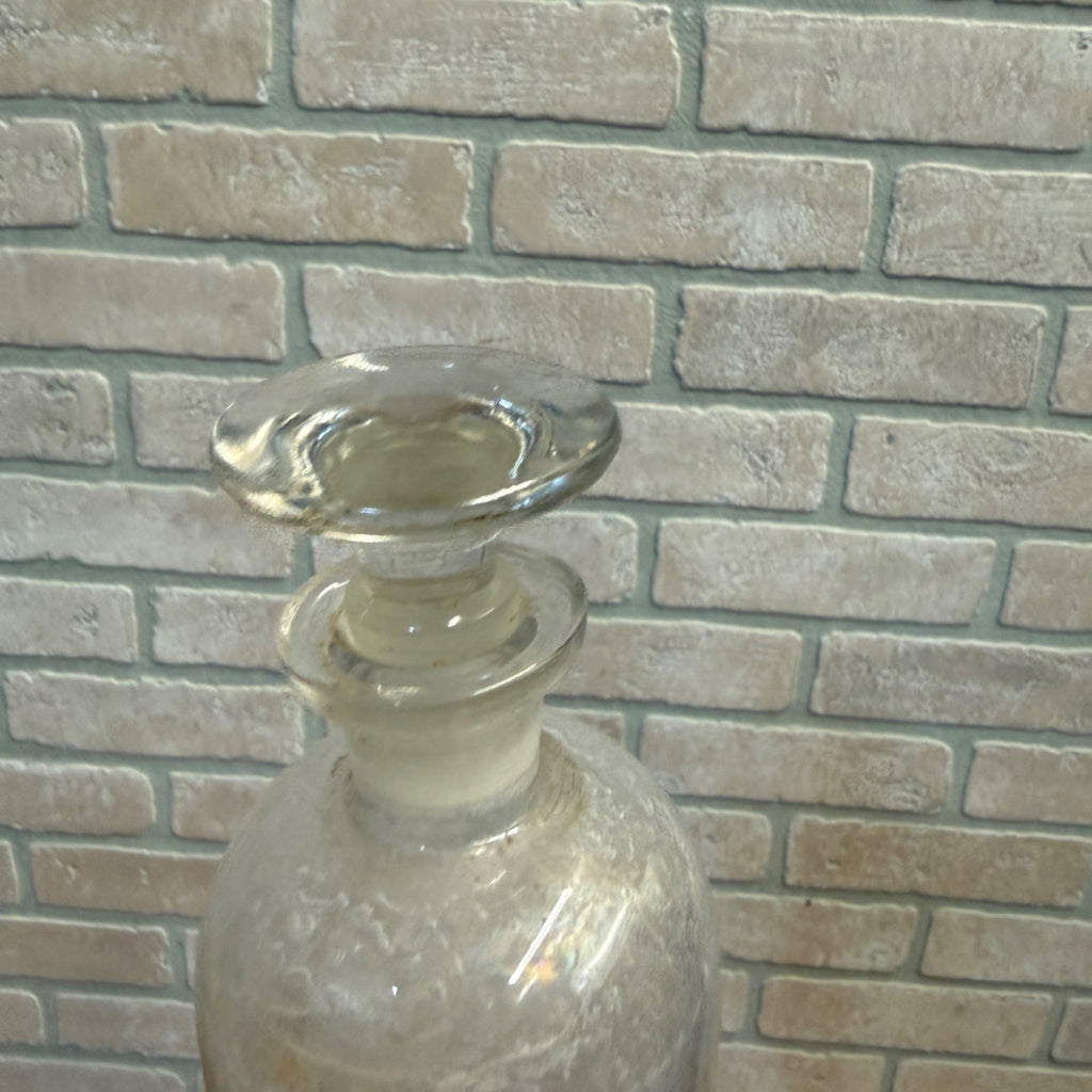 Vintage Glass Pharmacy Apothecary Bottle With Stopper and Glass Label Reading AQ. Menth. Pip. (Tincture of Peppermint)