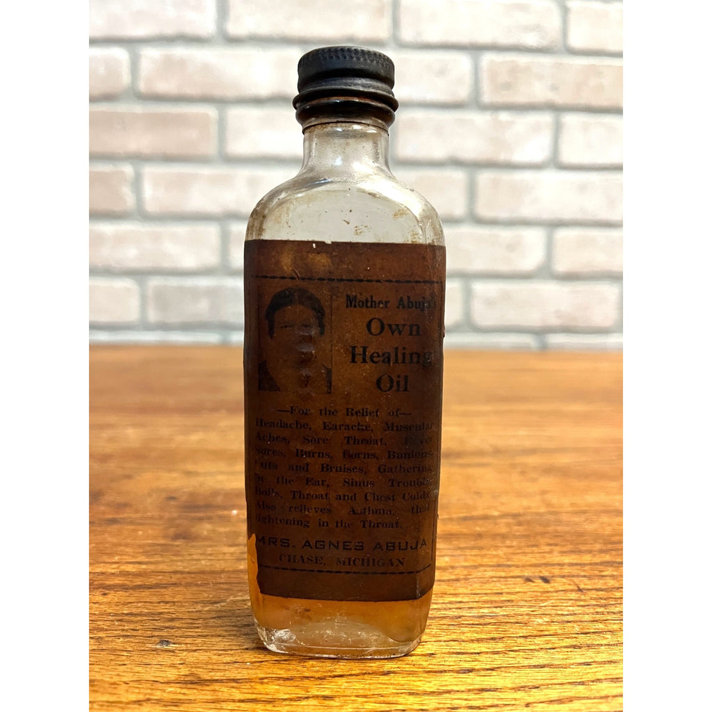 SCARCE Mother Abuja's Healing Oil Glass Bottle Chase Michigan Apothecary FULL