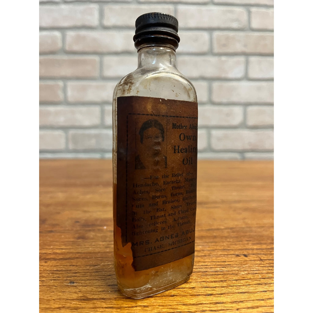 SCARCE Mother Abuja's Healing Oil Glass Bottle Chase Michigan Apothecary FULL