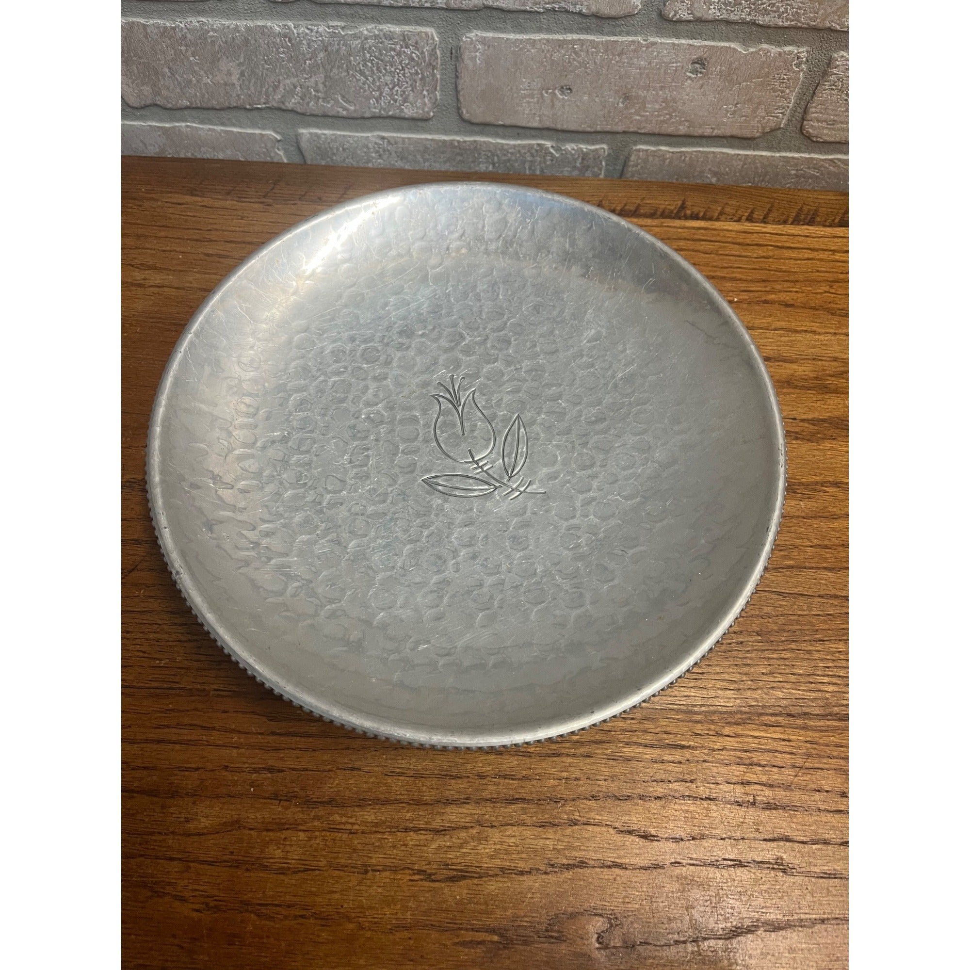 Vintage Mid Century Cake Platter Aluminum Flower Hammered Tray