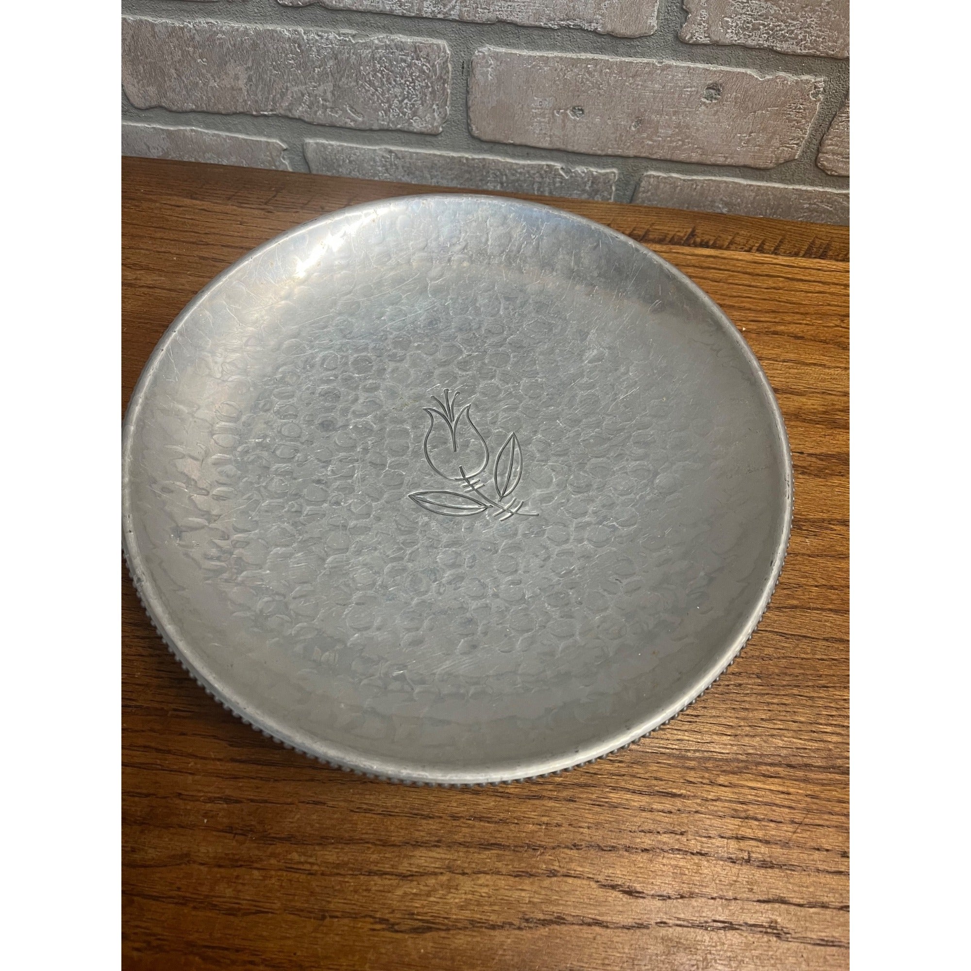 Vintage Mid Century Cake Platter Aluminum Flower Hammered Tray