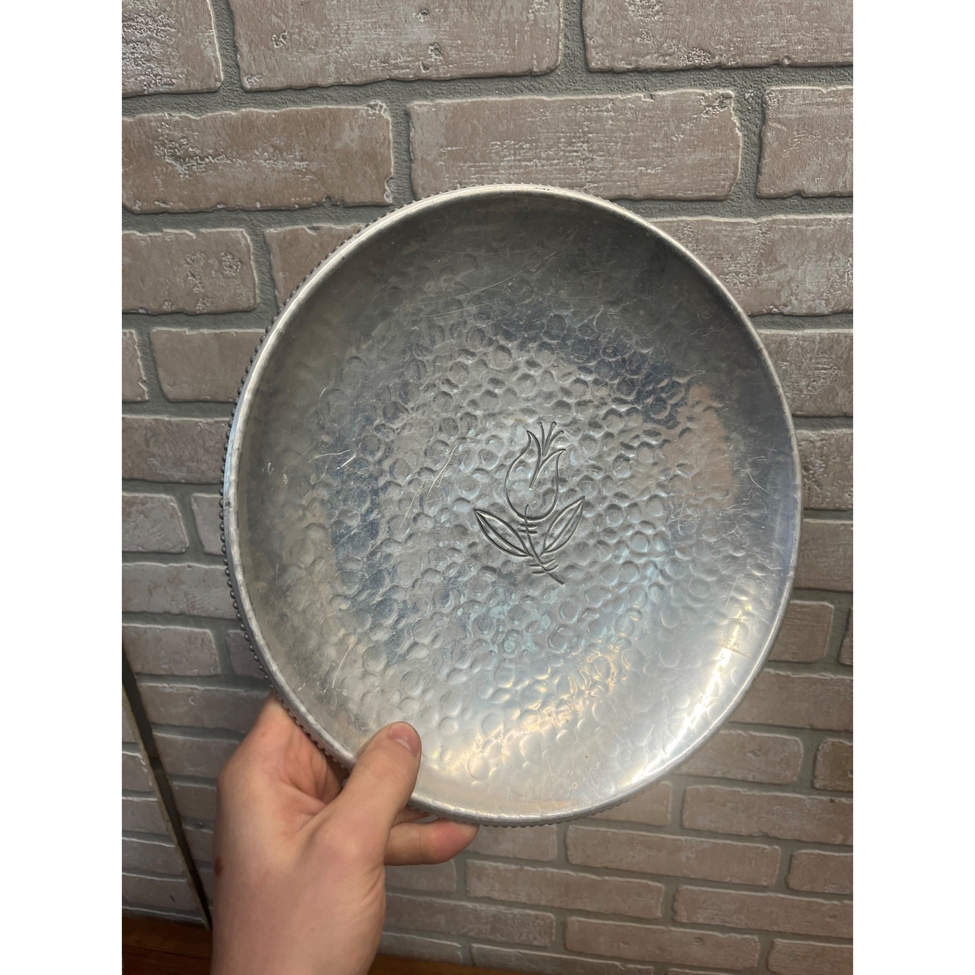 Vintage Mid Century Cake Platter Aluminum Flower Hammered Tray
