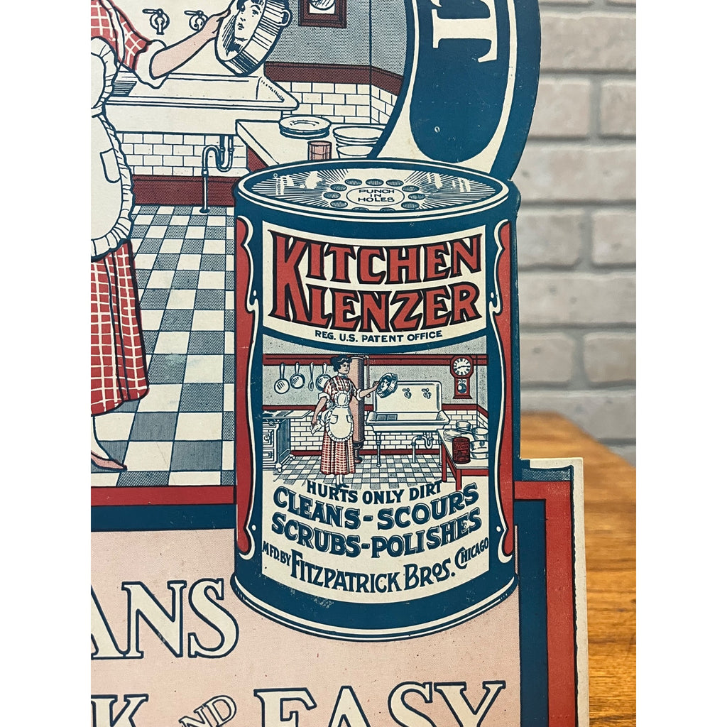 Vintage 1940s Kitchen Klenzer Polish Advertising Store Display Easelback Sign