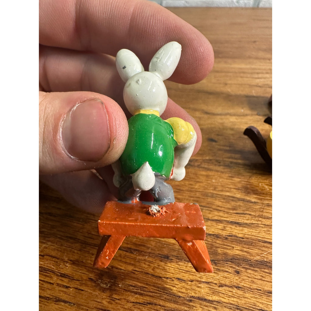 Vintage Miniature Wooden Easter Bunny Mom & Dad Babies Figures Erzebirge?