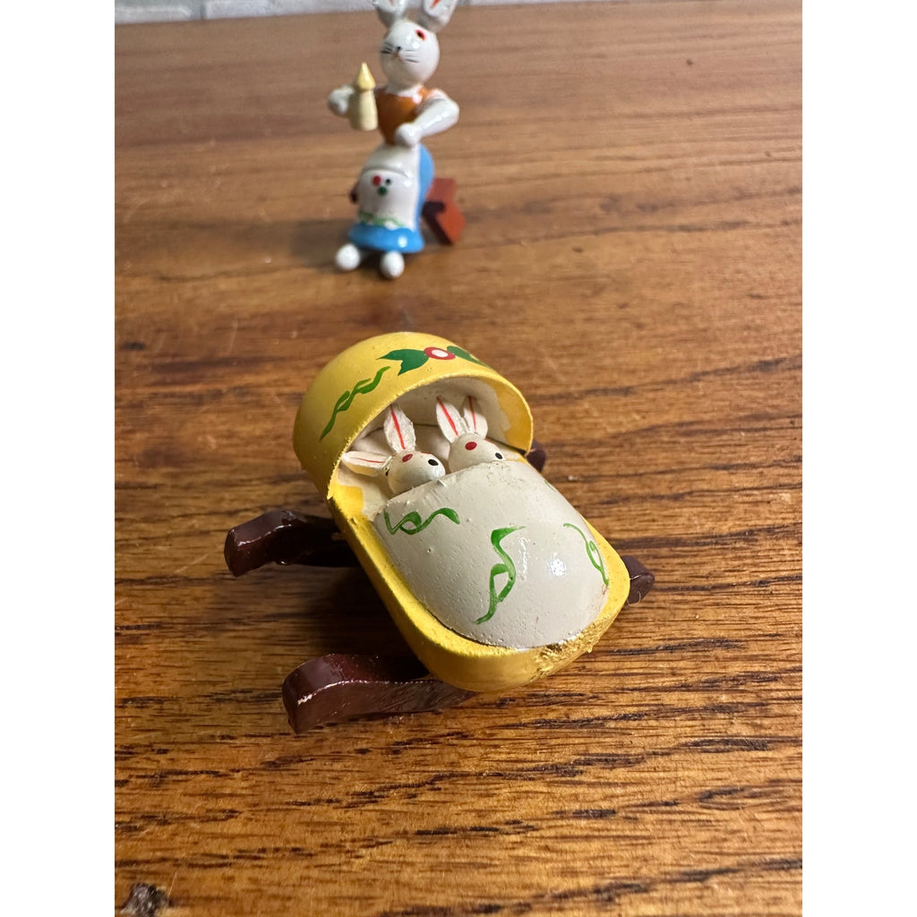 Vintage Miniature Wooden Easter Bunny Mom & Dad Babies Figures Erzebirge?