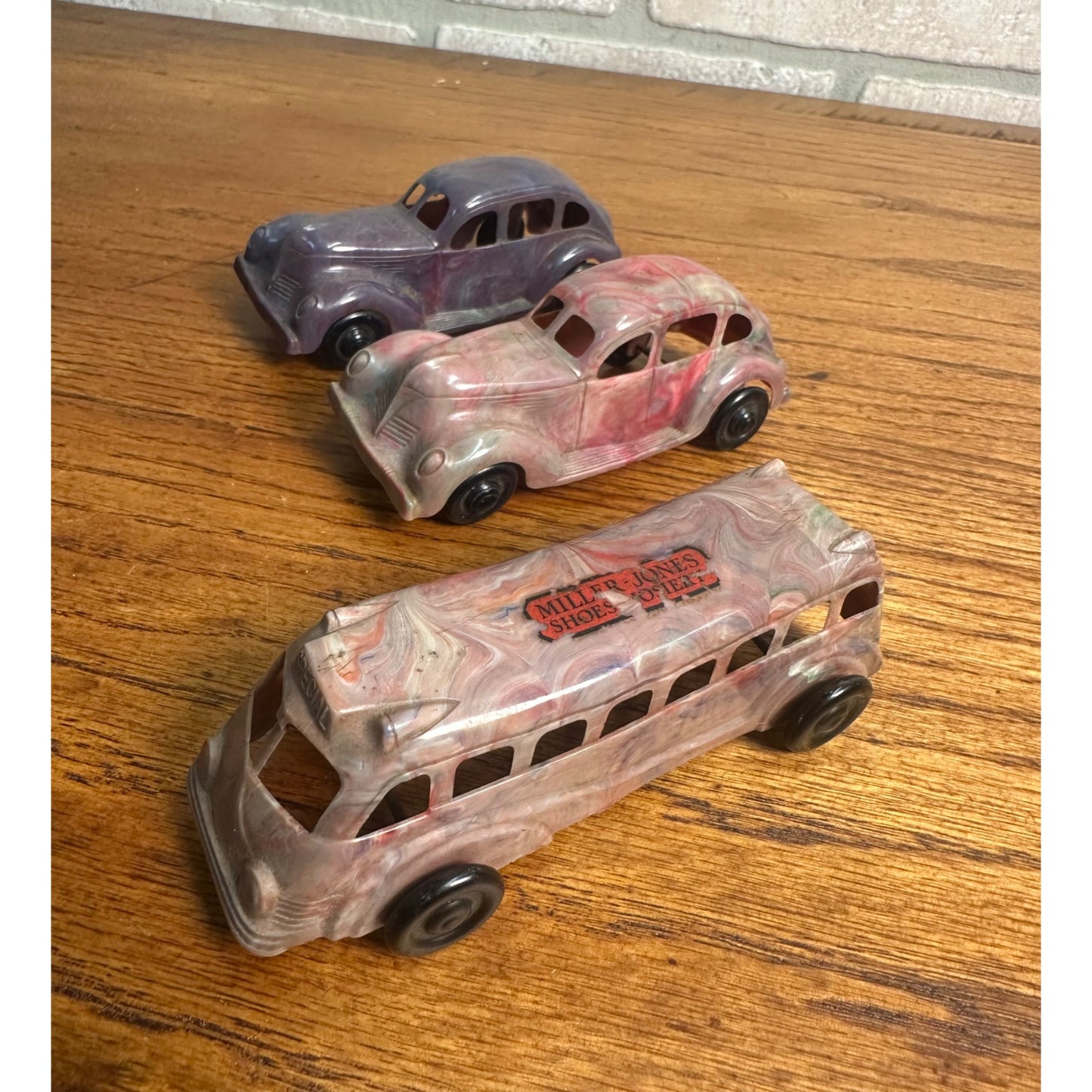 Vintage 1930s Lapin Marbled Plastic Toy Cars Coupes & Bus w/ Advertising Label!