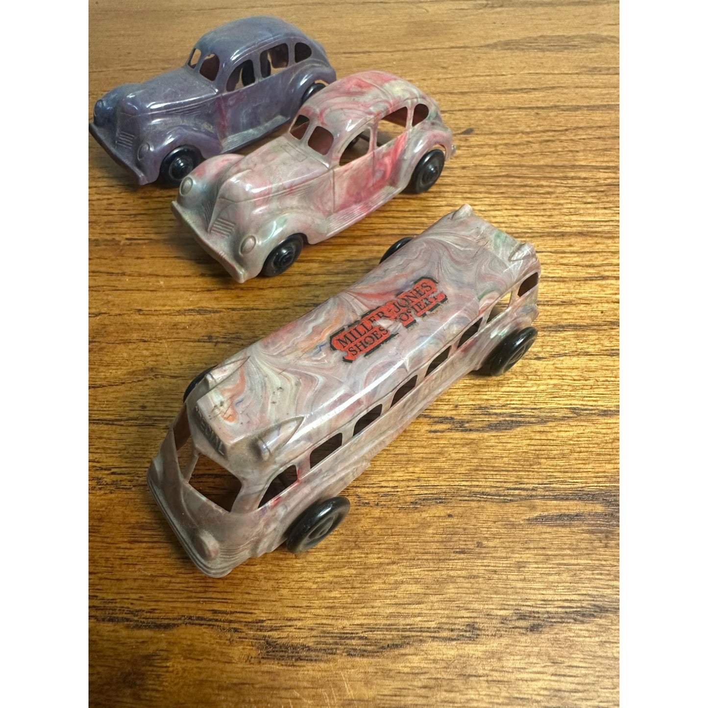 Vintage 1930s Lapin Marbled Plastic Toy Cars Coupes & Bus w/ Advertising Label!