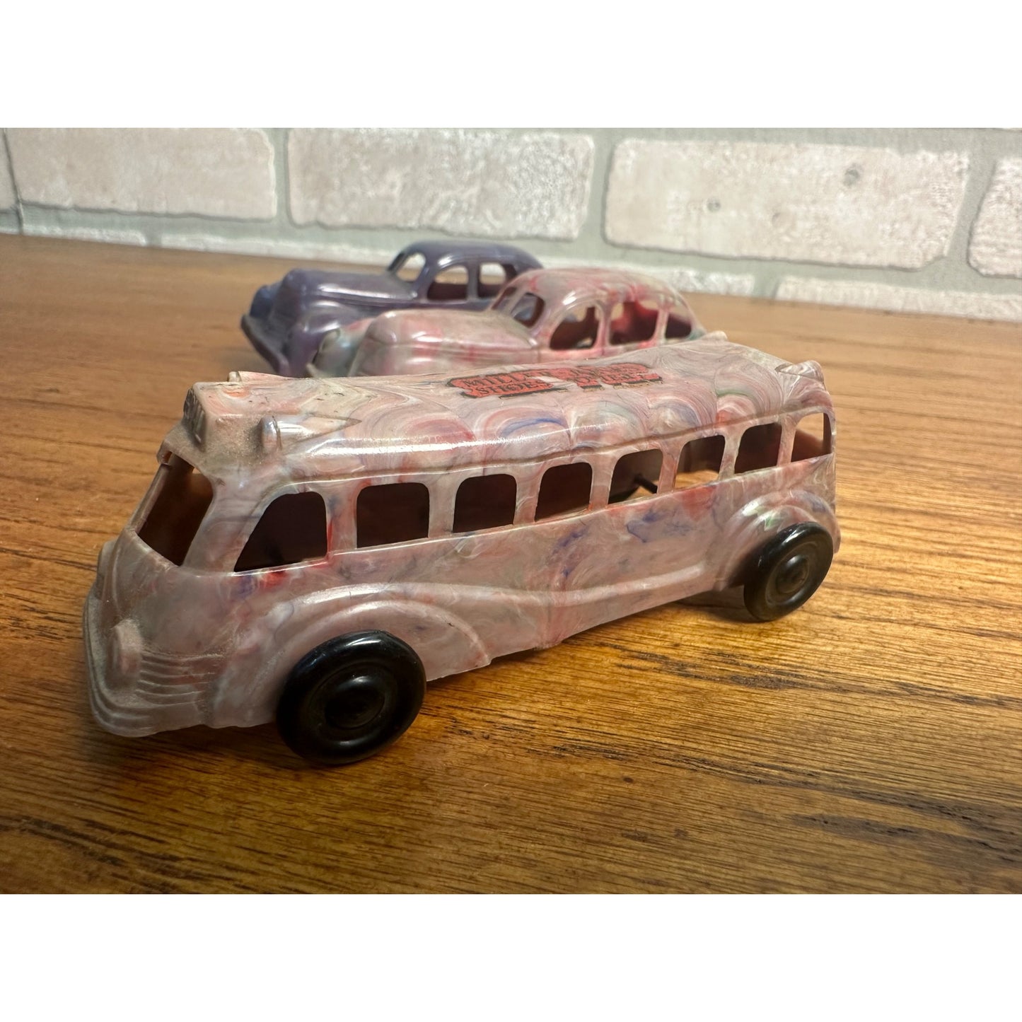 Vintage 1930s Lapin Marbled Plastic Toy Cars Coupes & Bus w/ Advertising Label!