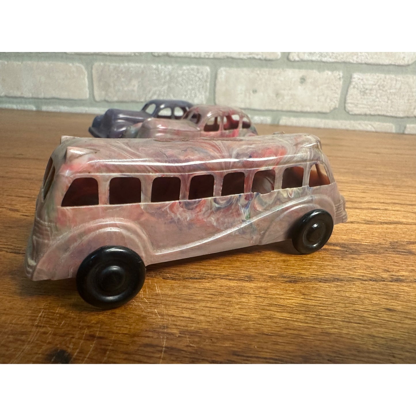 Vintage 1930s Lapin Marbled Plastic Toy Cars Coupes & Bus w/ Advertising Label!