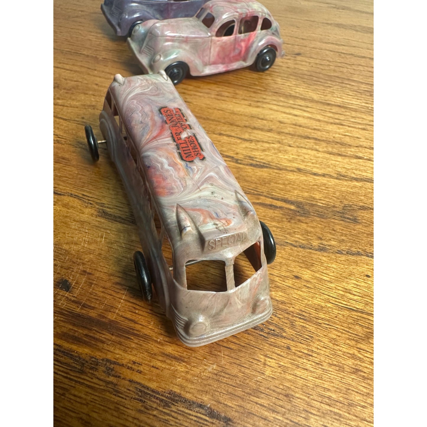 Vintage 1930s Lapin Marbled Plastic Toy Cars Coupes & Bus w/ Advertising Label!