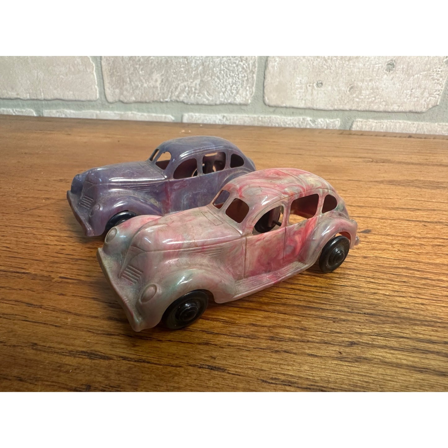 Vintage 1930s Lapin Marbled Plastic Toy Cars Coupes & Bus w/ Advertising Label!