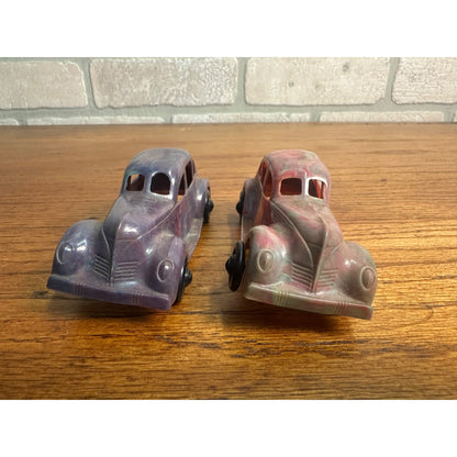 Vintage 1930s Lapin Marbled Plastic Toy Cars Coupes & Bus w/ Advertising Label!