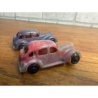 Vintage 1930s Lapin Marbled Plastic Toy Cars Coupes & Bus w/ Advertising Label!