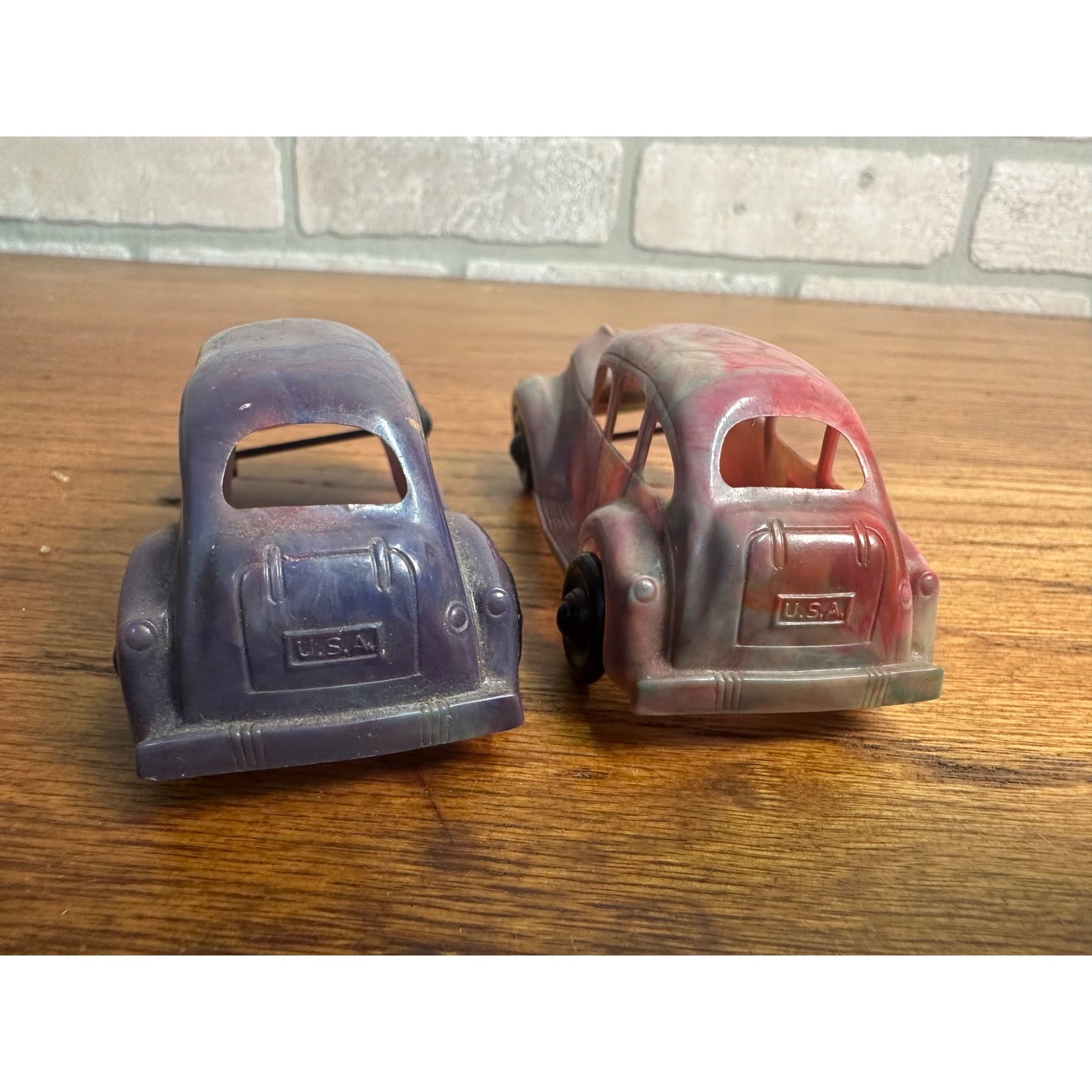 Vintage 1930s Lapin Marbled Plastic Toy Cars Coupes & Bus w/ Advertising Label!