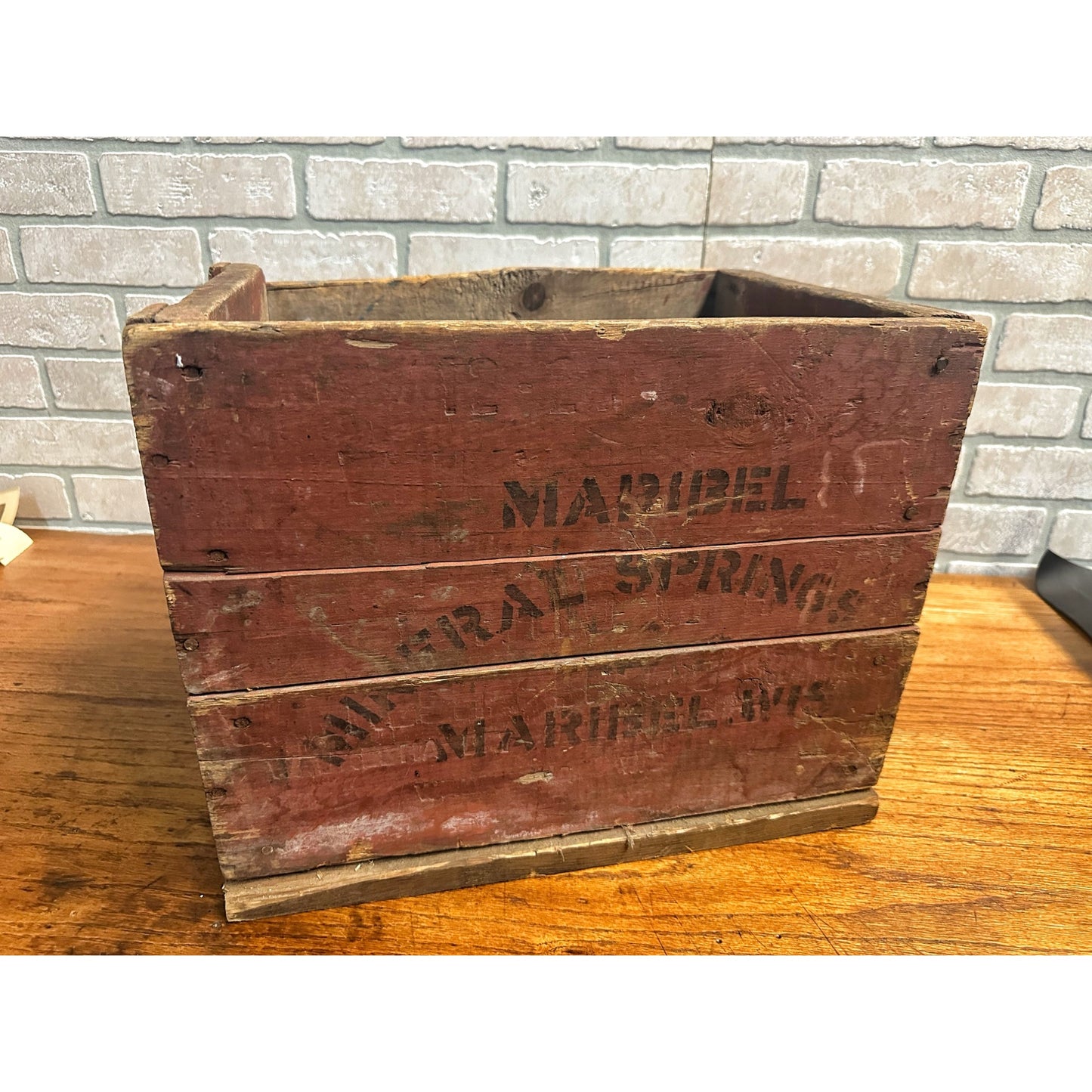 Vintage Maribel Mineral Springs Soda Wooden Crate Wisconsin Primitive Red Paint