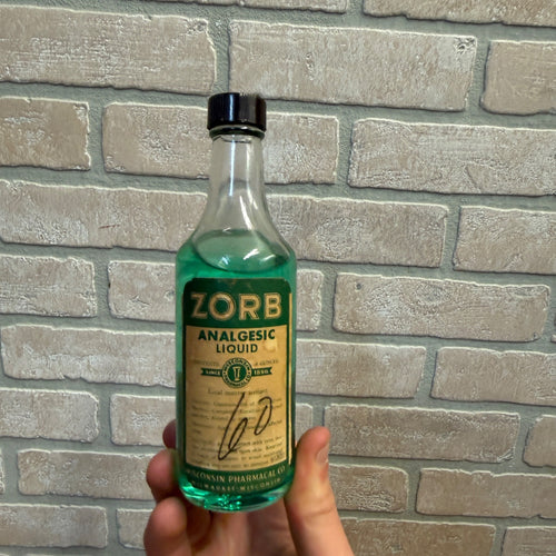 Vintage Zorb, Pharmacy Analgesic Liquid Glass clear Bottle. Wisconsin Company