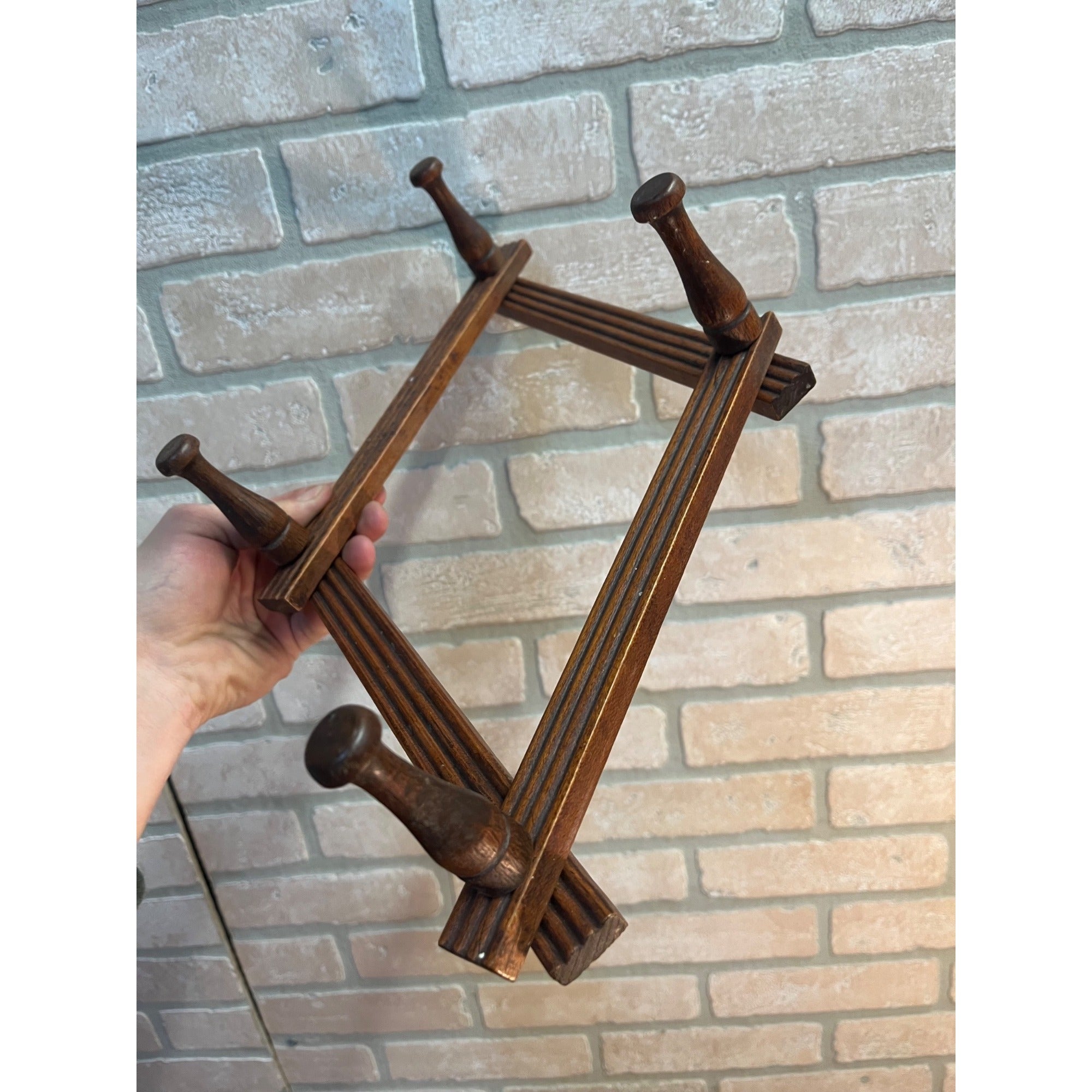 Antique 4-Peg Wooden Accordion Hat Coat Ties Cup Keys Wall Rack Holder Folding 1900s Primitive