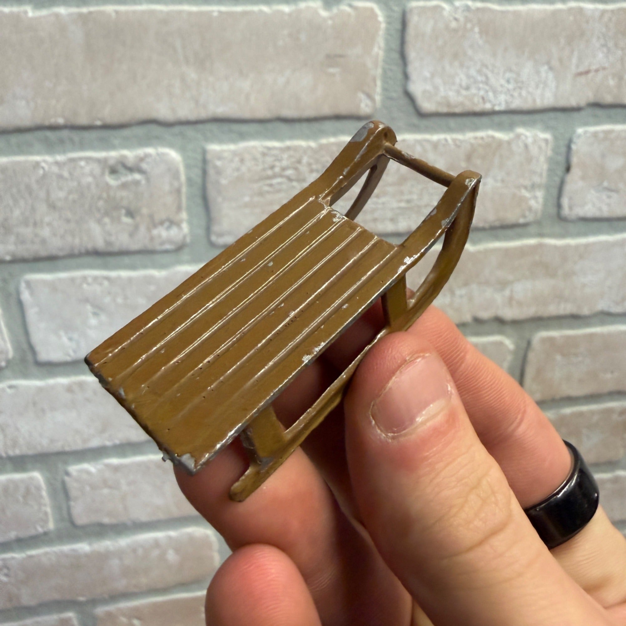 Vintage Metal  Lead Small France Runner Sled Flat Toy Brown Christmas Decor