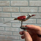 Antique Germany Glass Clip On Bird Ornament Silver Colored Cotton Spun Tail