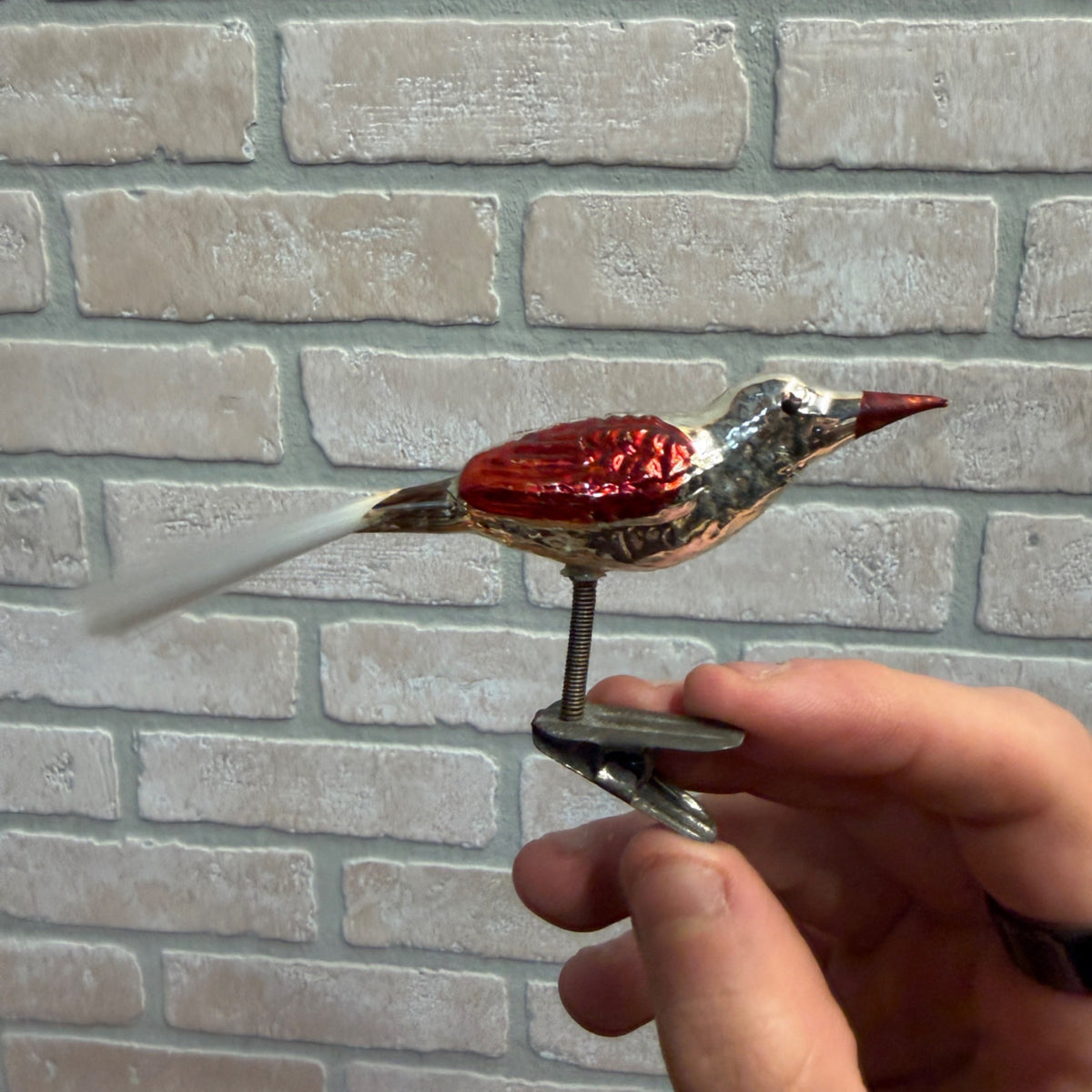 Antique Germany Glass Clip On Bird Ornament Silver Colored Cotton Spun Tail
