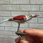 Antique Germany Glass Clip On Bird Ornament Silver Colored Cotton Spun Tail