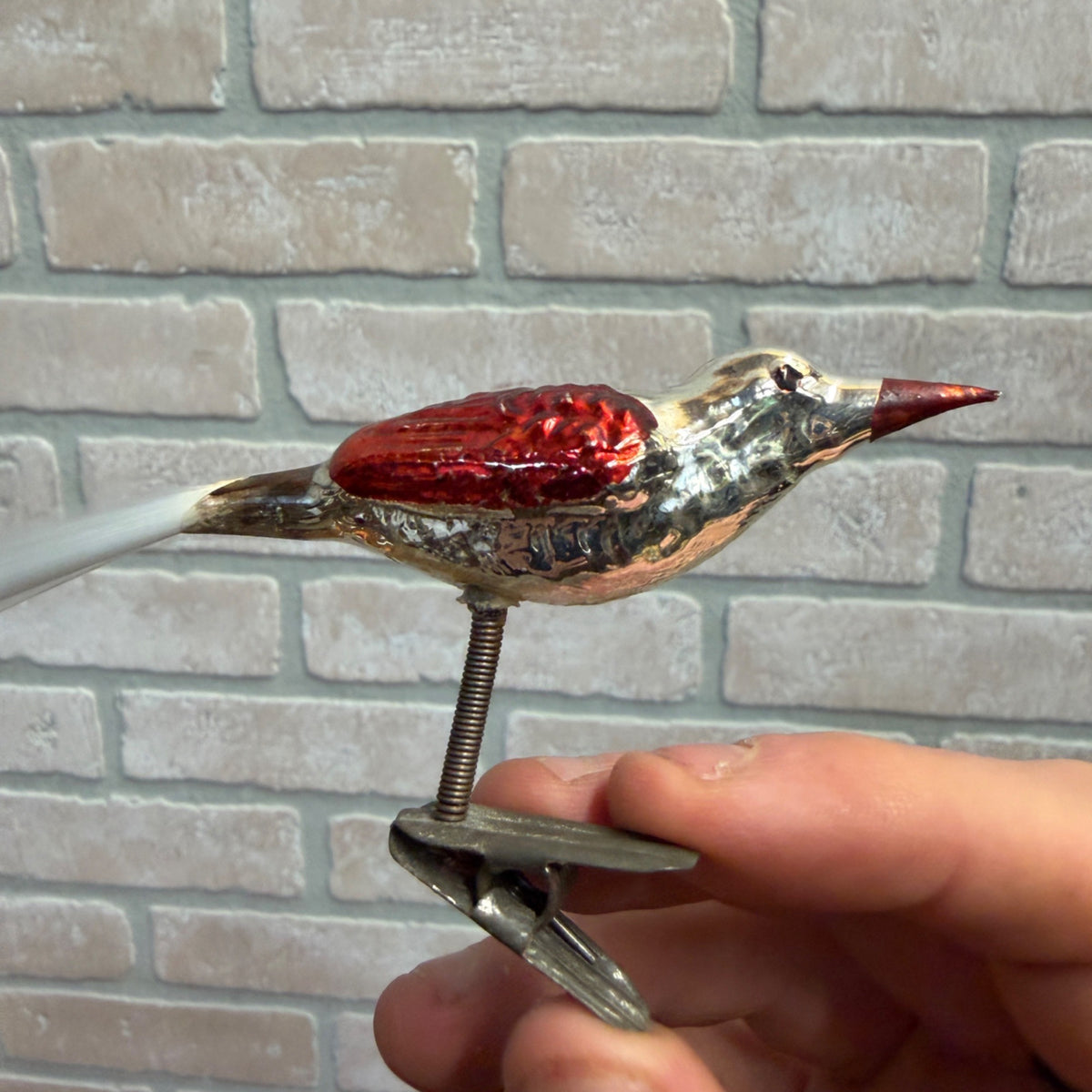 Antique Germany Glass Clip On Bird Ornament Silver Colored Cotton Spun Tail