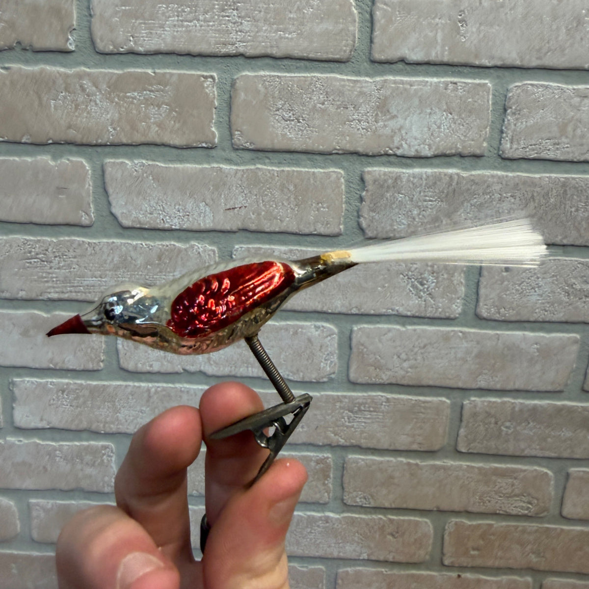 Antique Germany Glass Clip On Bird Ornament Silver Colored Cotton Spun Tail