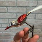 Antique Germany Glass Clip On Bird Ornament Silver Colored Cotton Spun Tail