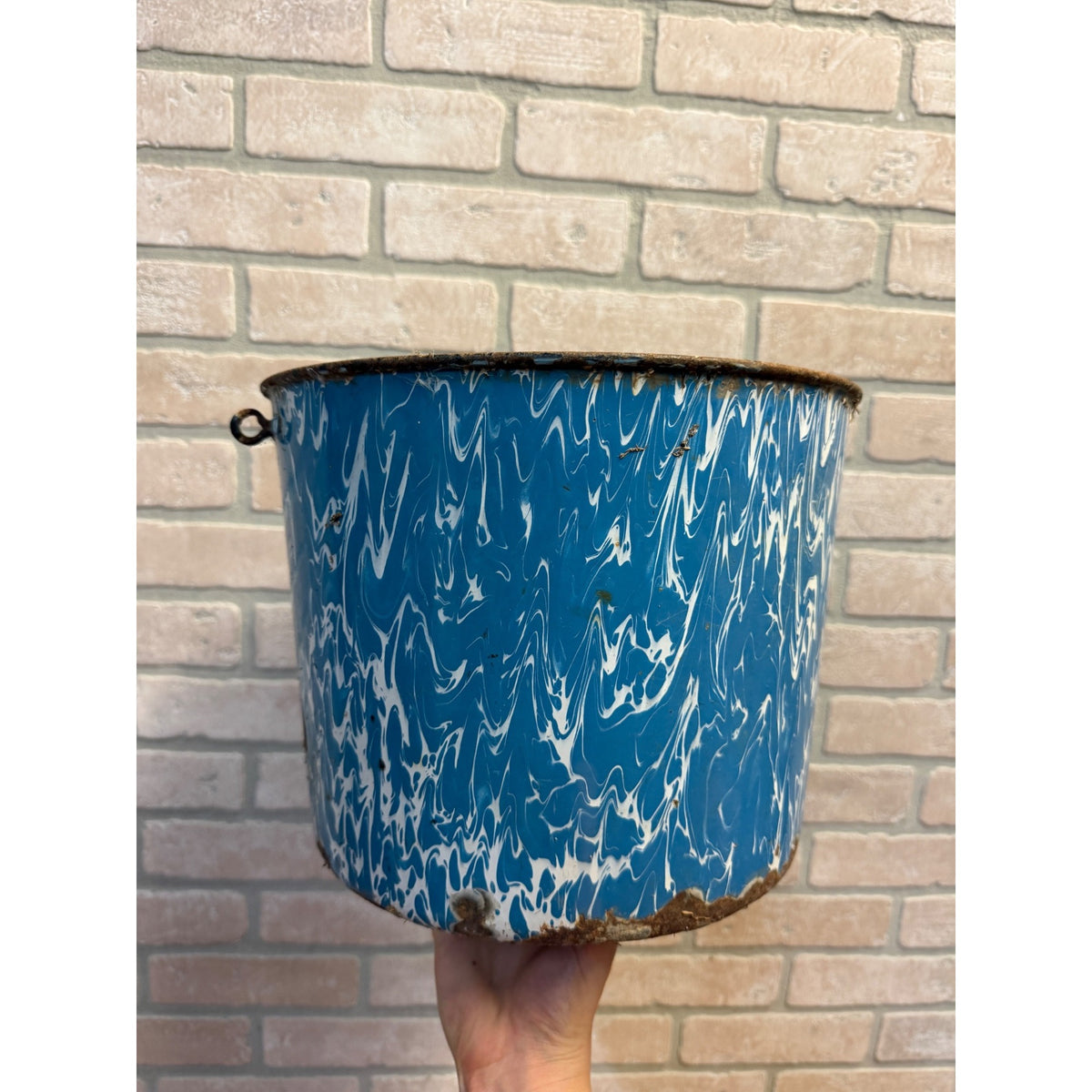 Vintage Blue Swirl Large 12" Enamelware Kitchen Decor Pail Bucket