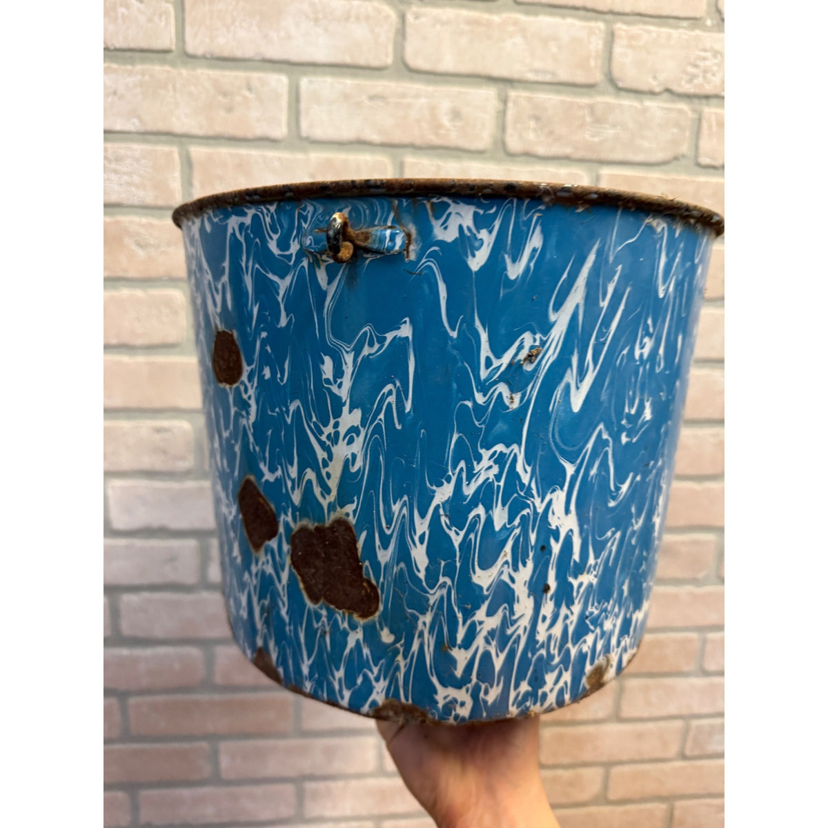 Vintage Blue Swirl Large 12" Enamelware Kitchen Decor Pail Bucket