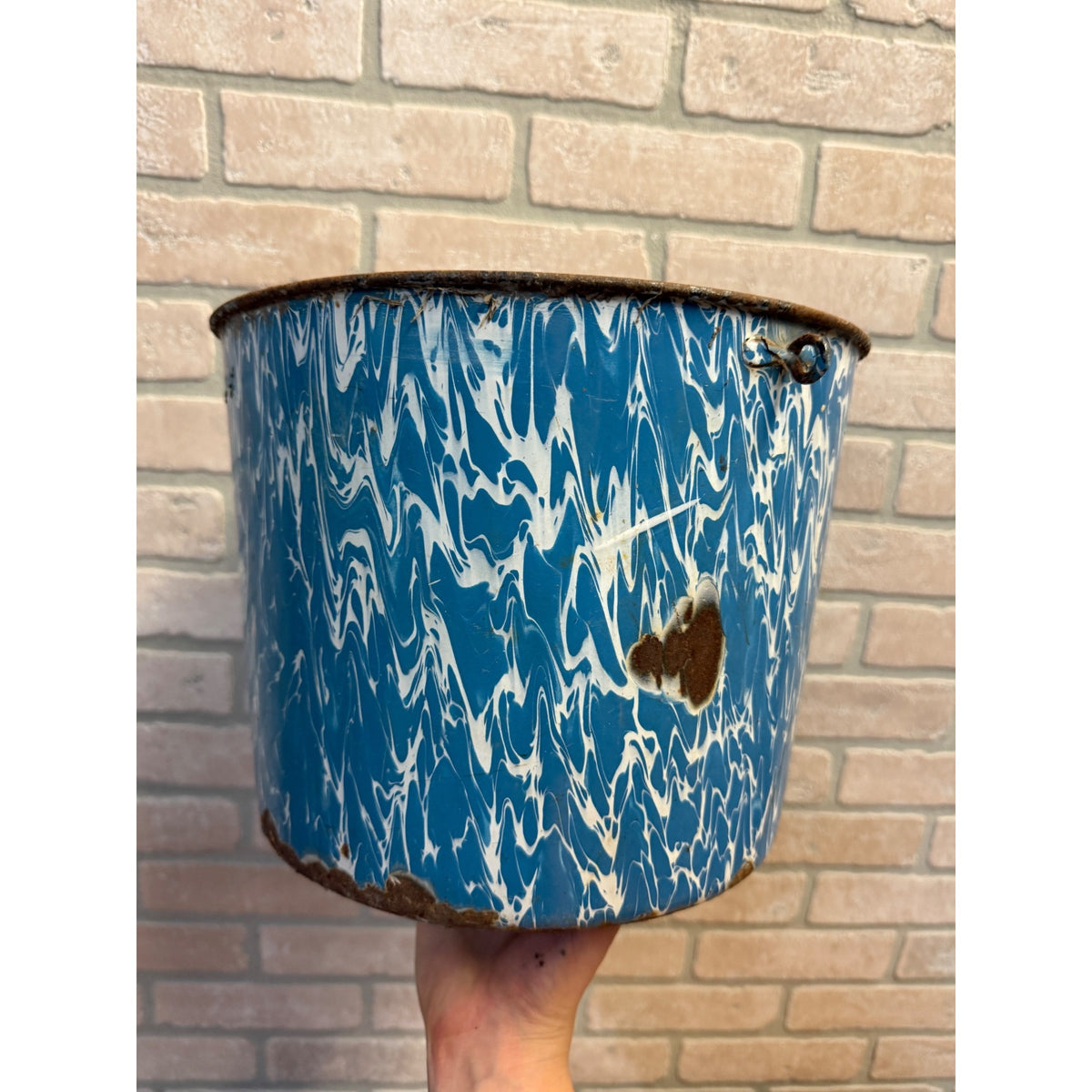 Vintage Blue Swirl Large 12" Enamelware Kitchen Decor Pail Bucket