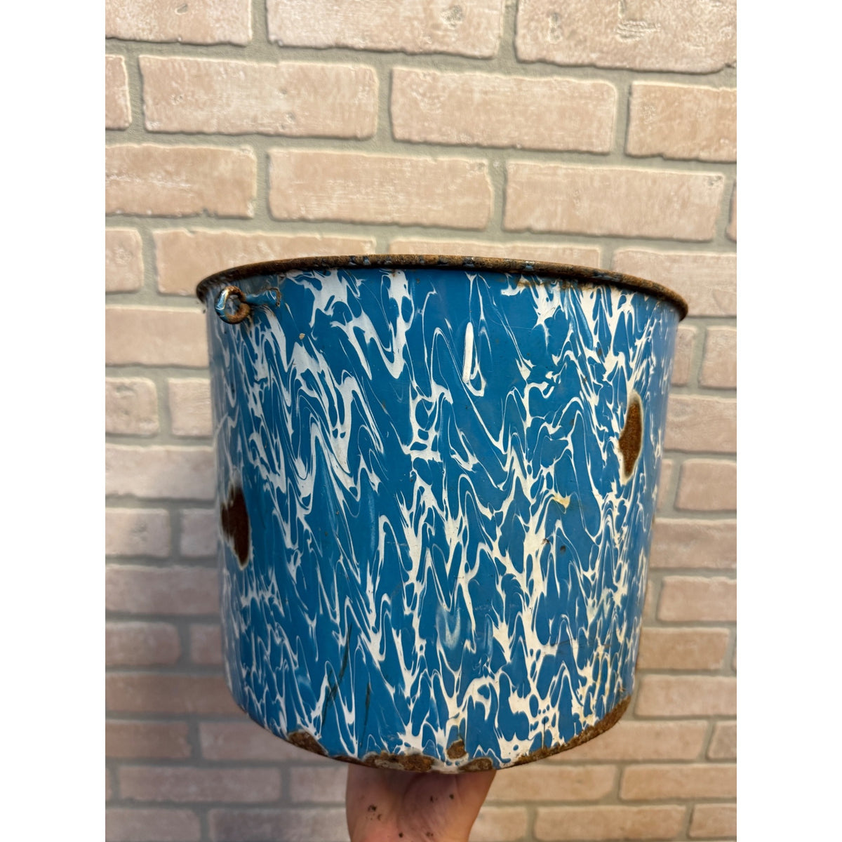 Vintage Blue Swirl Large 12" Enamelware Kitchen Decor Pail Bucket
