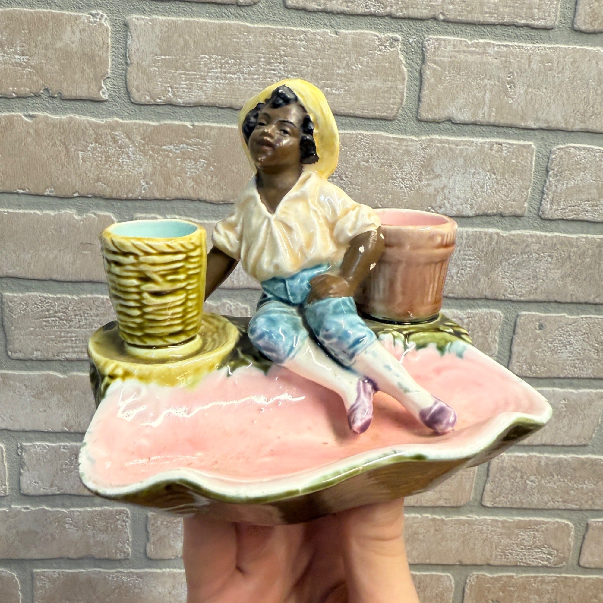 Antique Majolica Toothpick & Match Holder W/ Striker Ceramic Black Americana