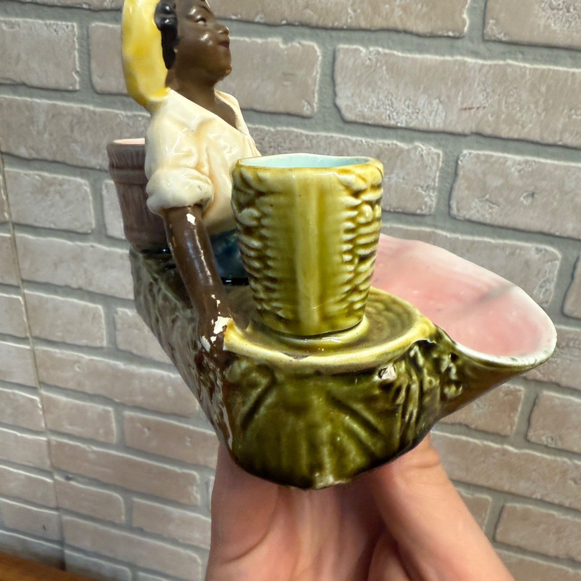 Antique Majolica Toothpick & Match Holder W/ Striker Ceramic Black Americana