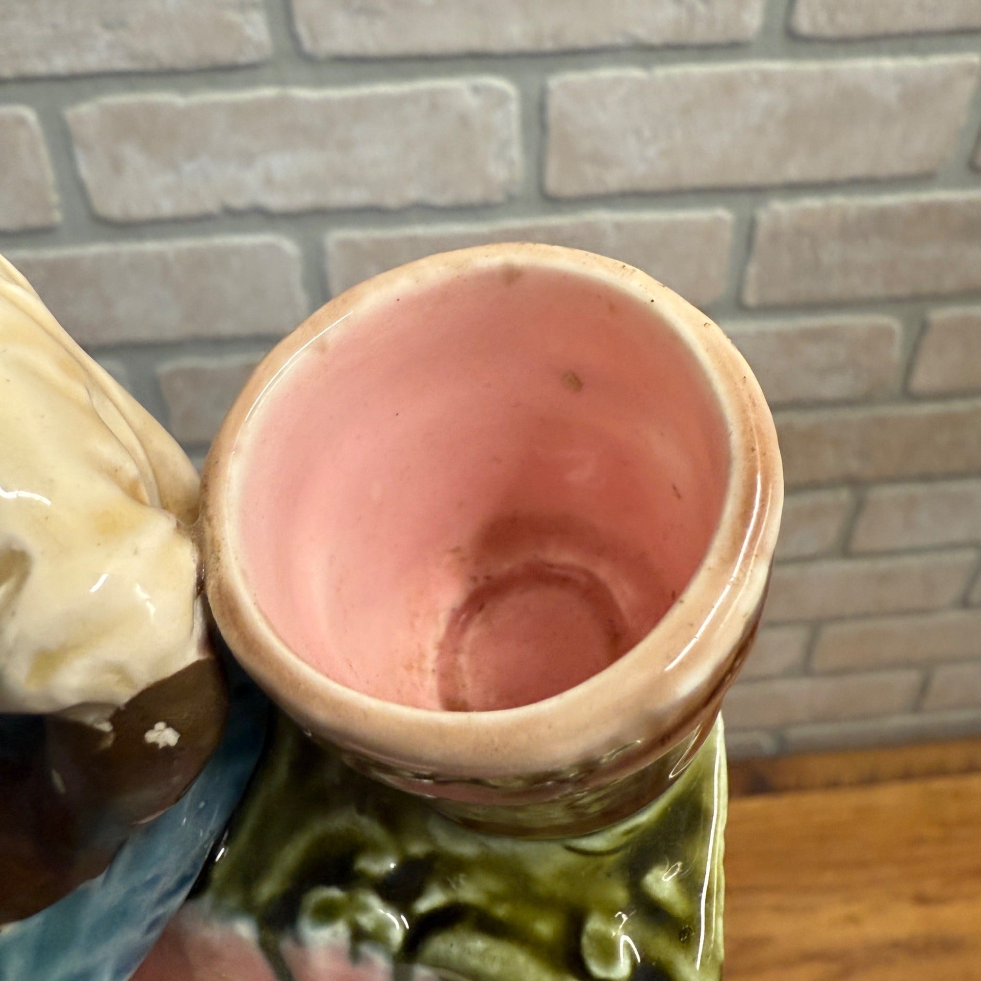 Antique Majolica Toothpick & Match Holder W/ Striker Ceramic Black Americana