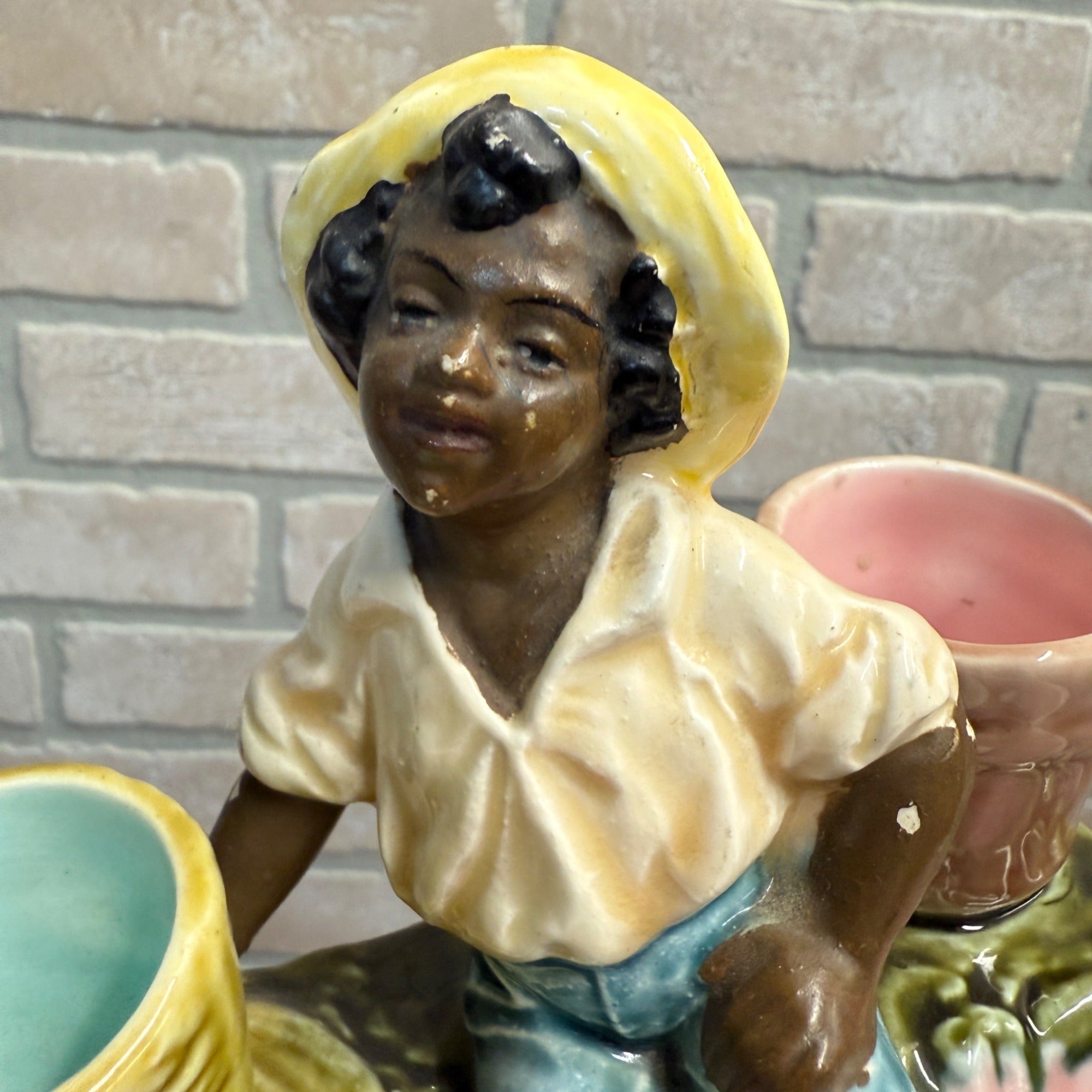 Antique Majolica Toothpick & Match Holder W/ Striker Ceramic Black Americana