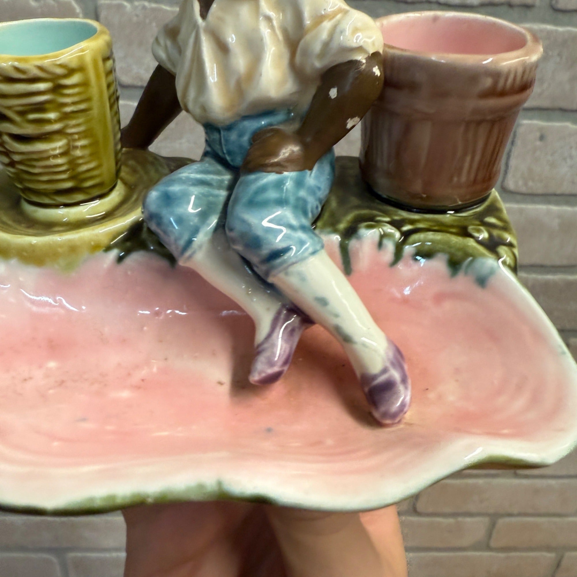 Antique Majolica Toothpick & Match Holder W/ Striker Ceramic Black Americana