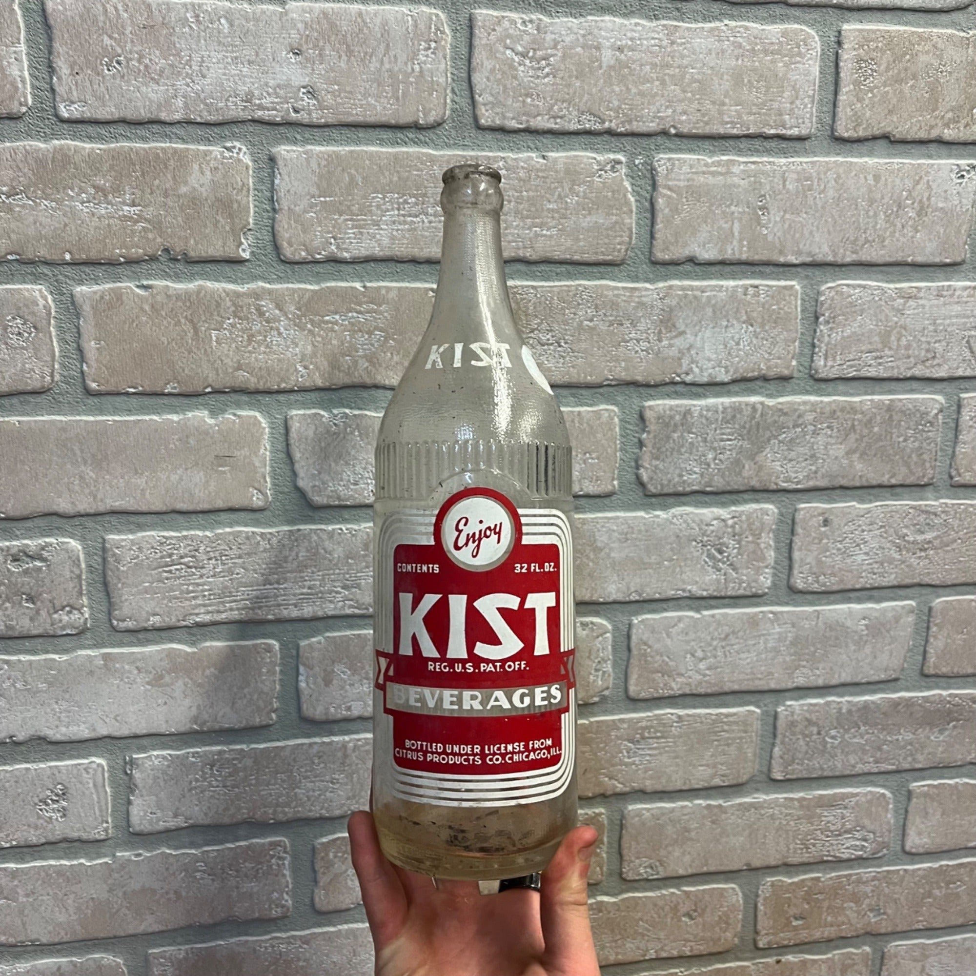 Kist Soda Bottle New London WI Clear 32 Oz Quart VTG Red Label Citrus Products Co