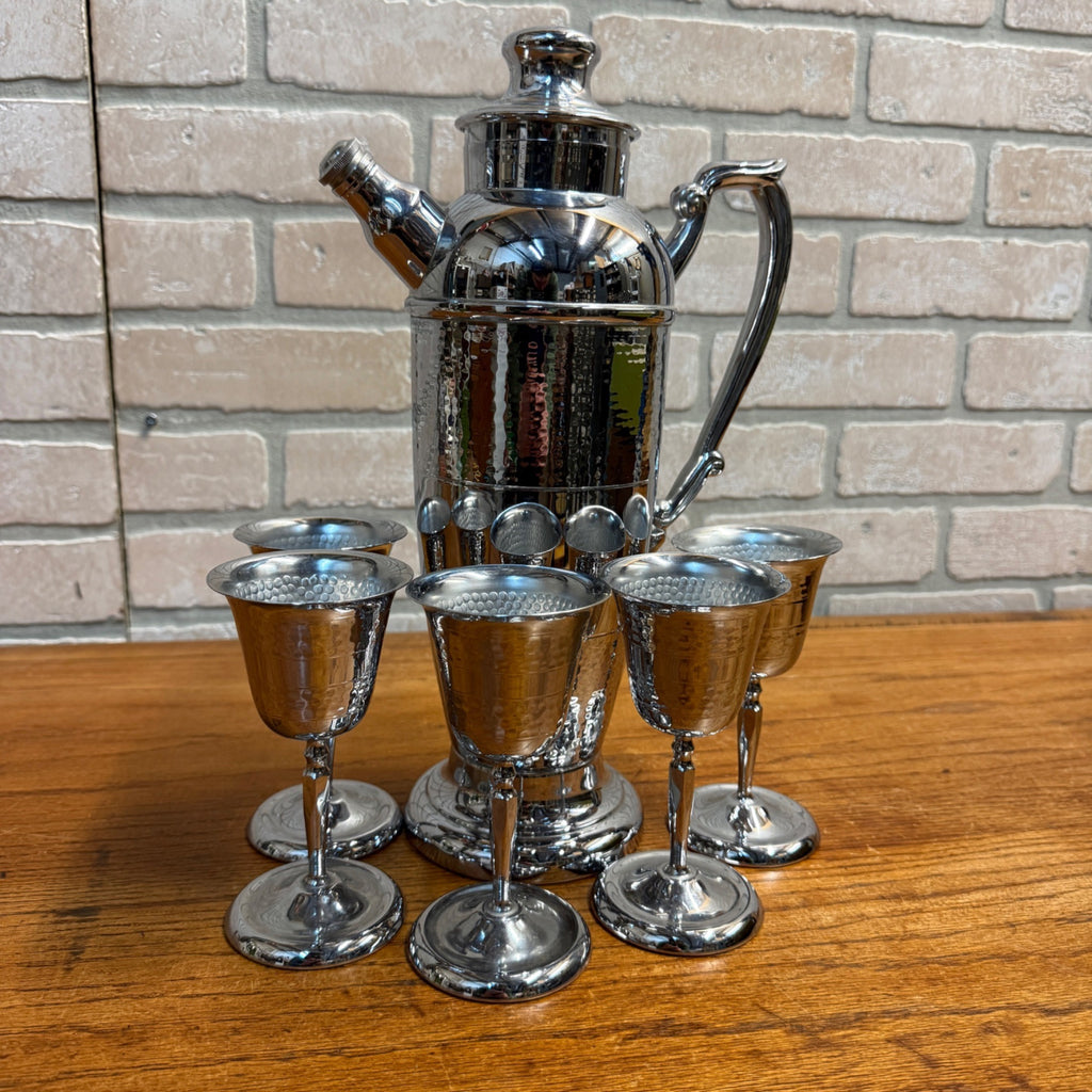 Vintage 1930s Art Deco Textured Chrome Cocktail Shaker 6pc Bar Set Stemmed Glass
