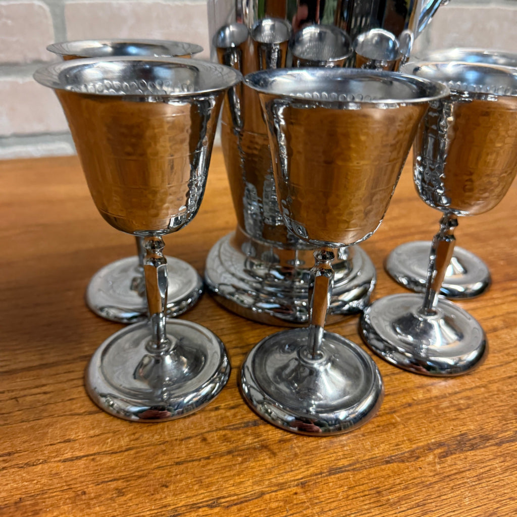 Vintage 1930s Art Deco Textured Chrome Cocktail Shaker 6pc Bar Set Stemmed Glass